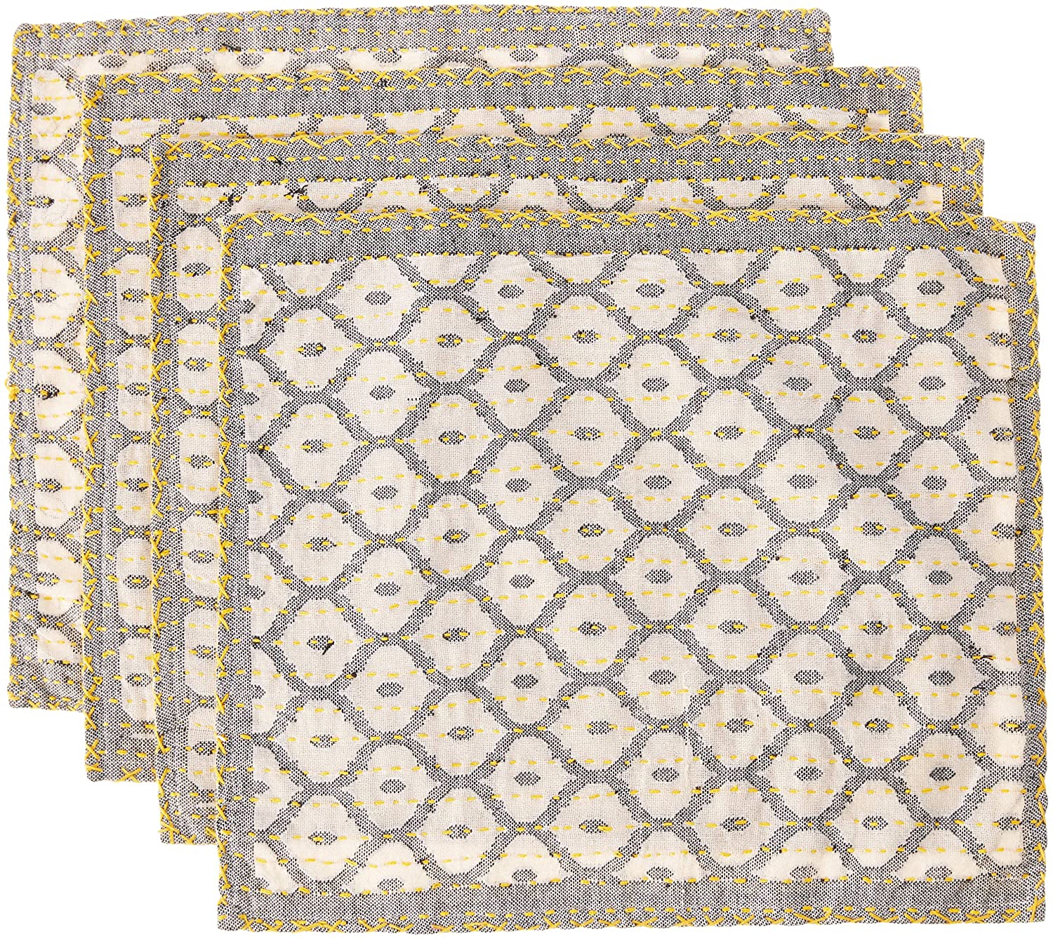 Artisan Hand Loomed Placemat - Gray Yellow Stitching - 14" X 19"- Set Of 4