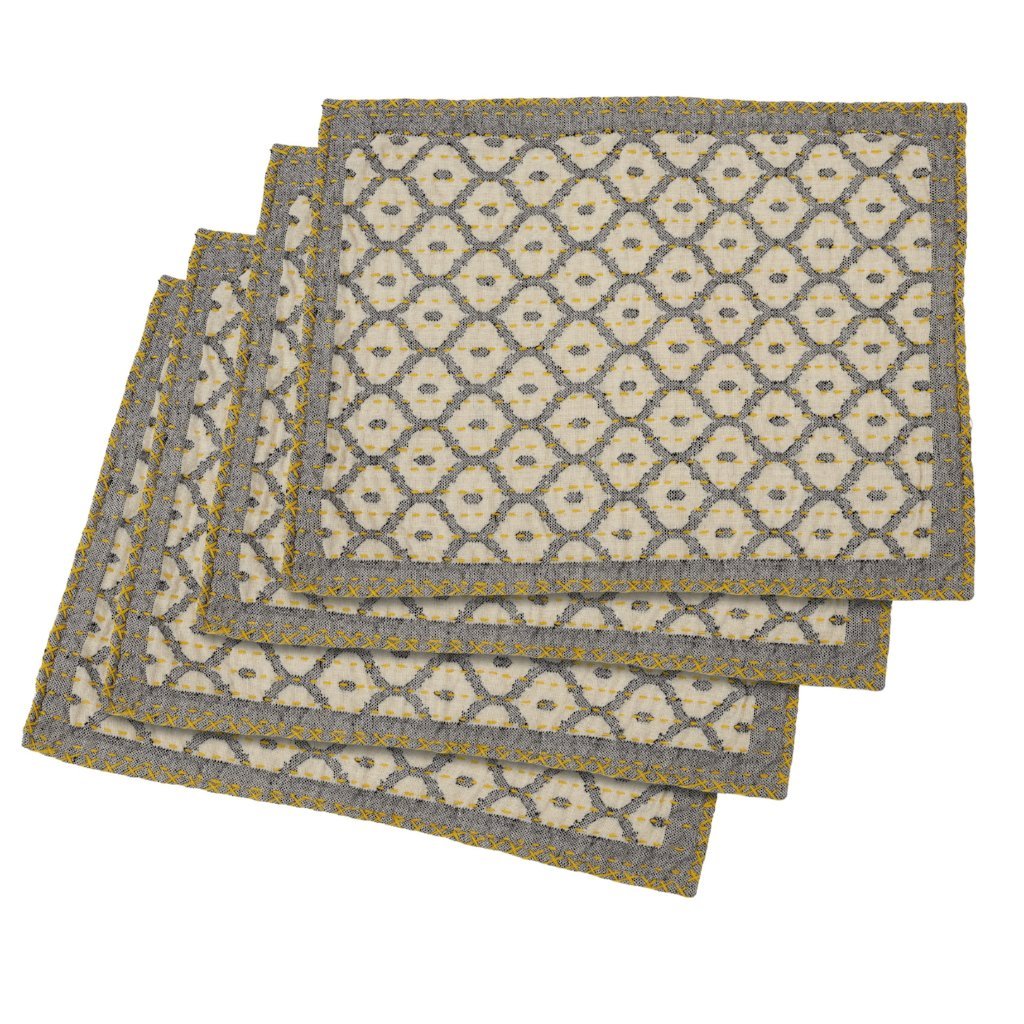 Artisan Hand Loomed Placemat - Gray Yellow Stitching - 14" X 19"- Set Of 4