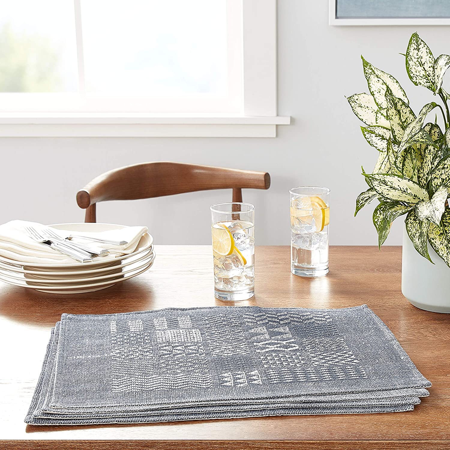 Artisan Hand Loomed Placemat - Indigo Blocks - 14" X 19"- Set Of 4