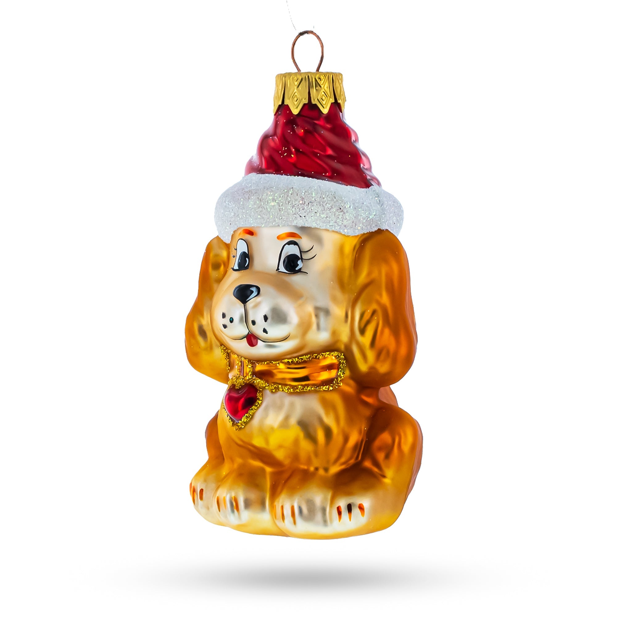 Puppy Wearing Santa Hat Glass Christmas Ornament