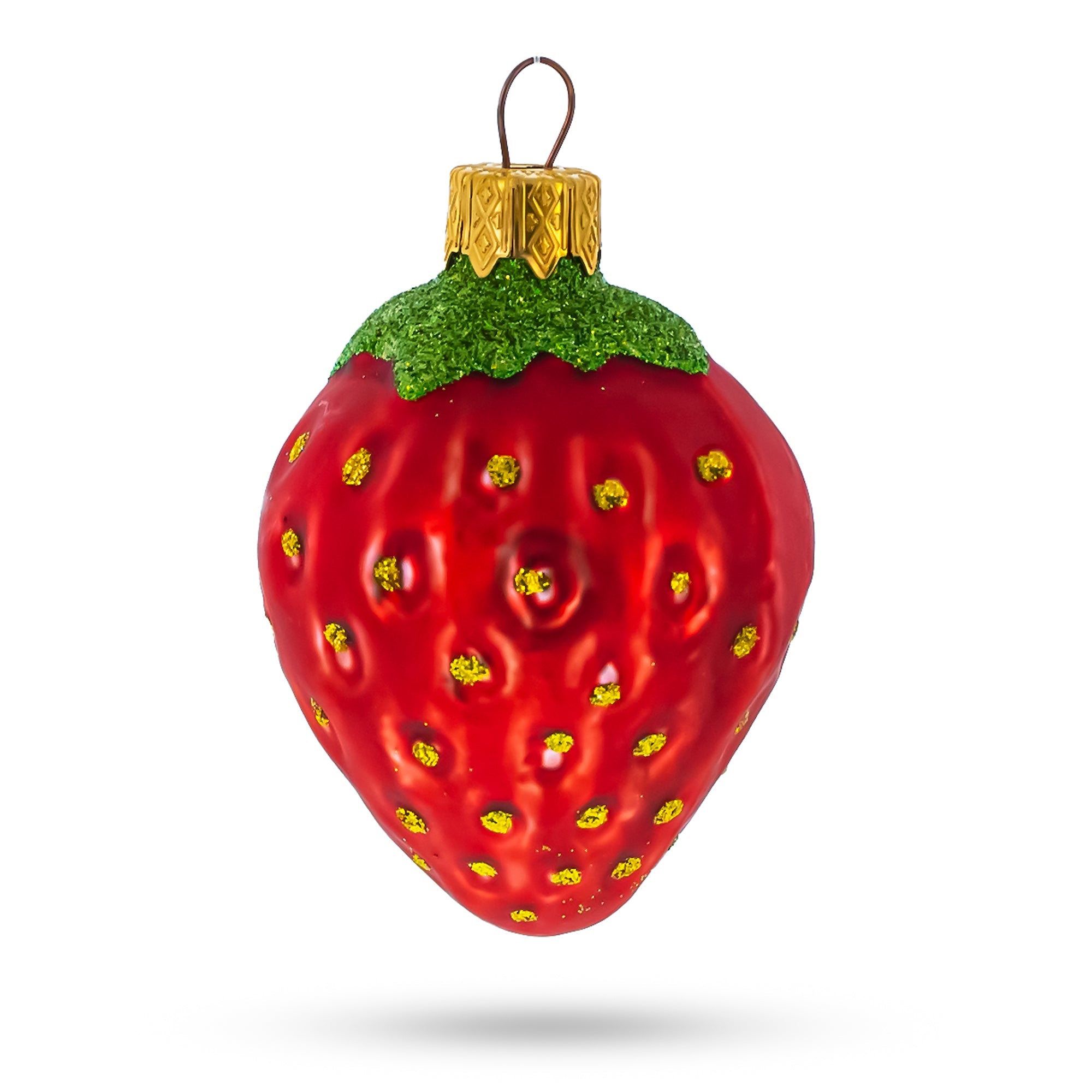 Juicy Strawberry With Glittered Leaf Glass Christmas Ornaments