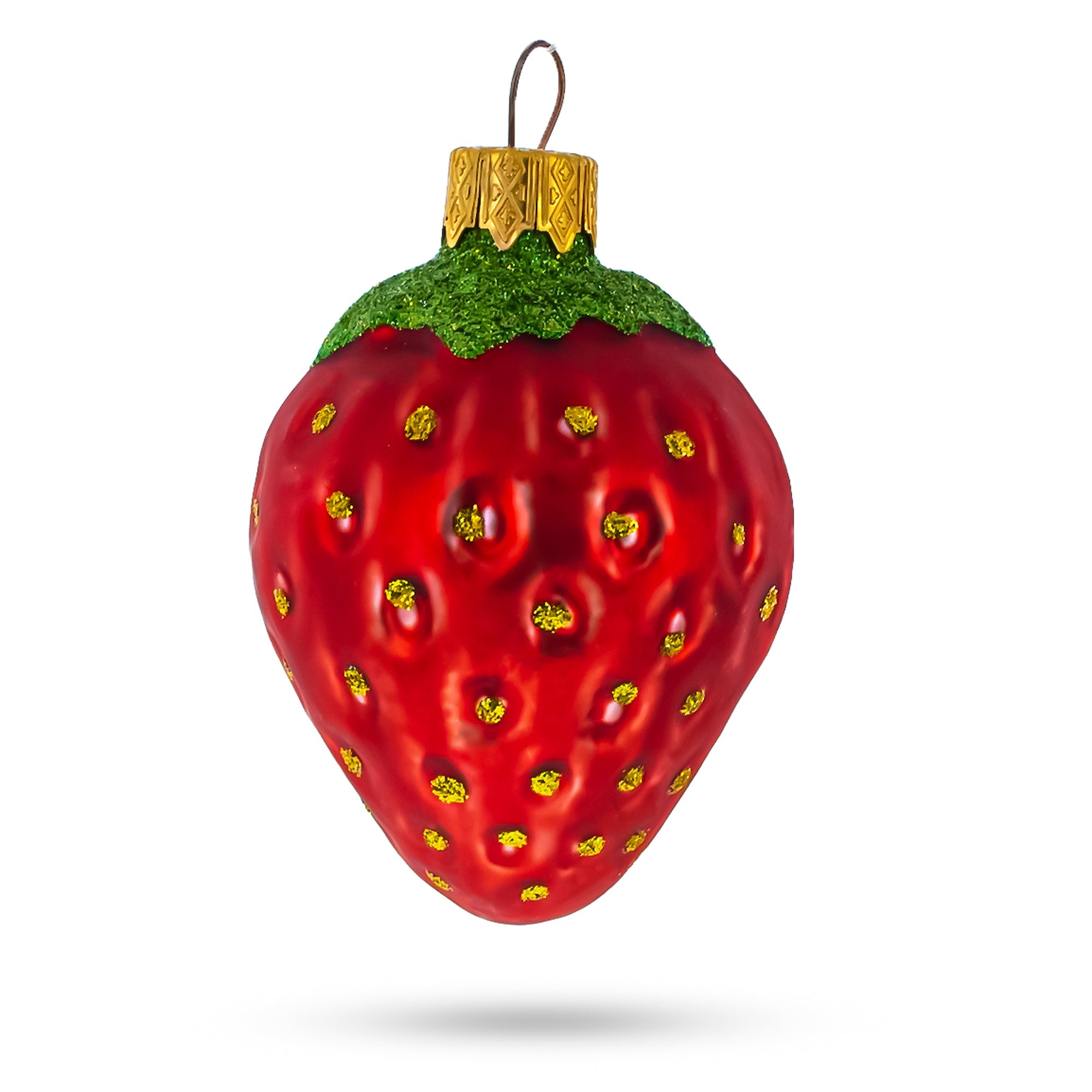 Juicy Strawberry With Glittered Leaf Glass Christmas Ornaments