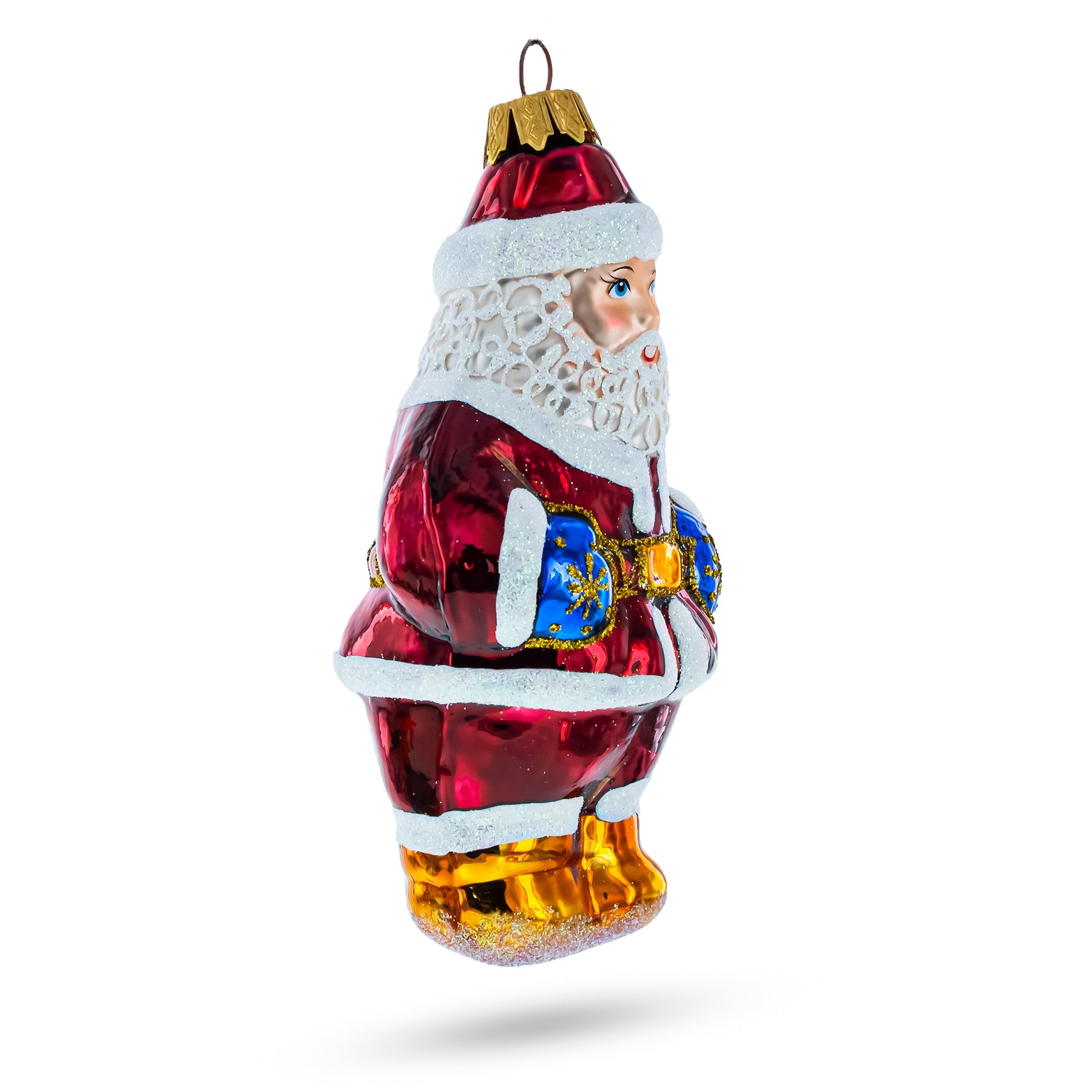 Festive Santa With Blue Mittens Glass Christmas Ornament