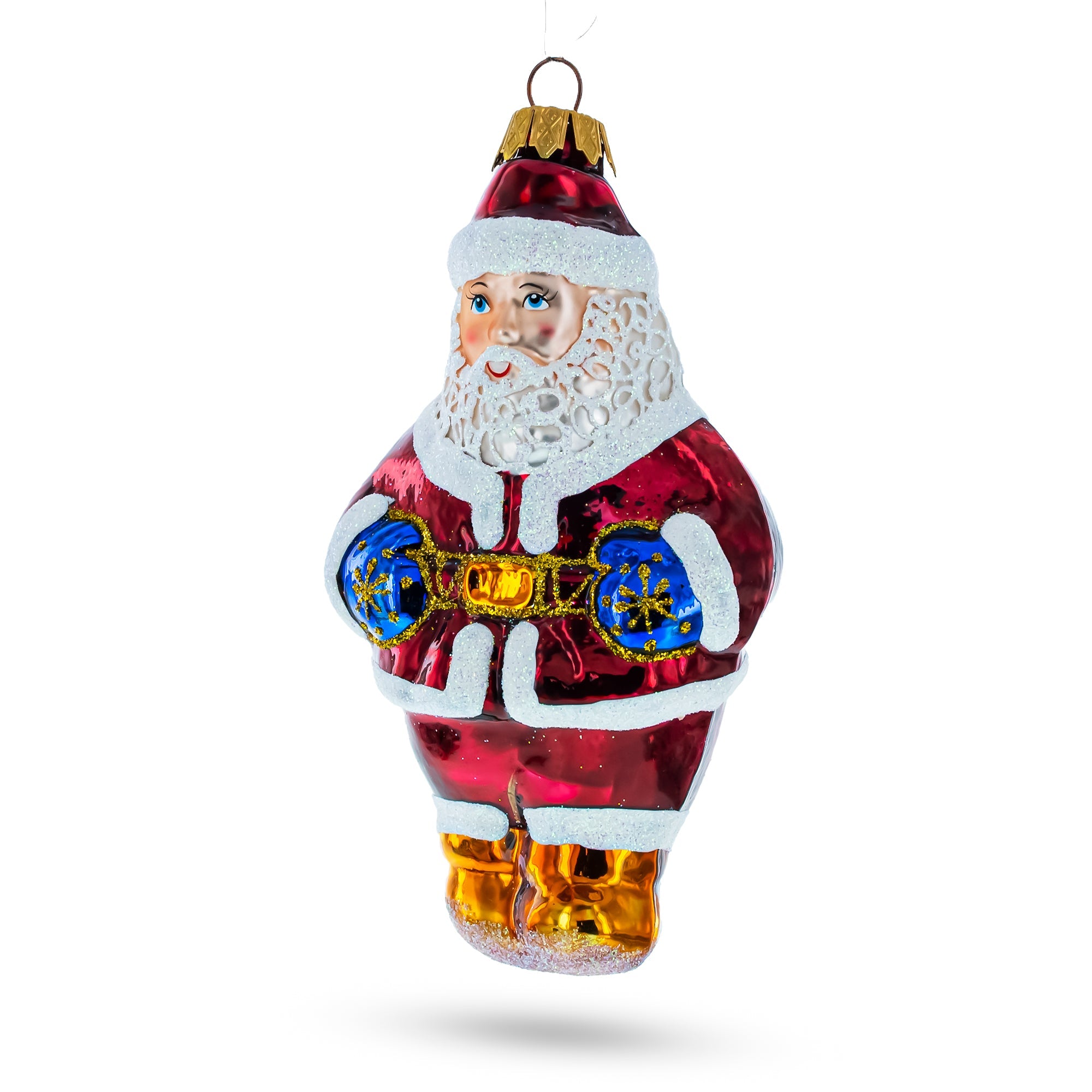 Festive Santa With Blue Mittens Glass Christmas Ornament