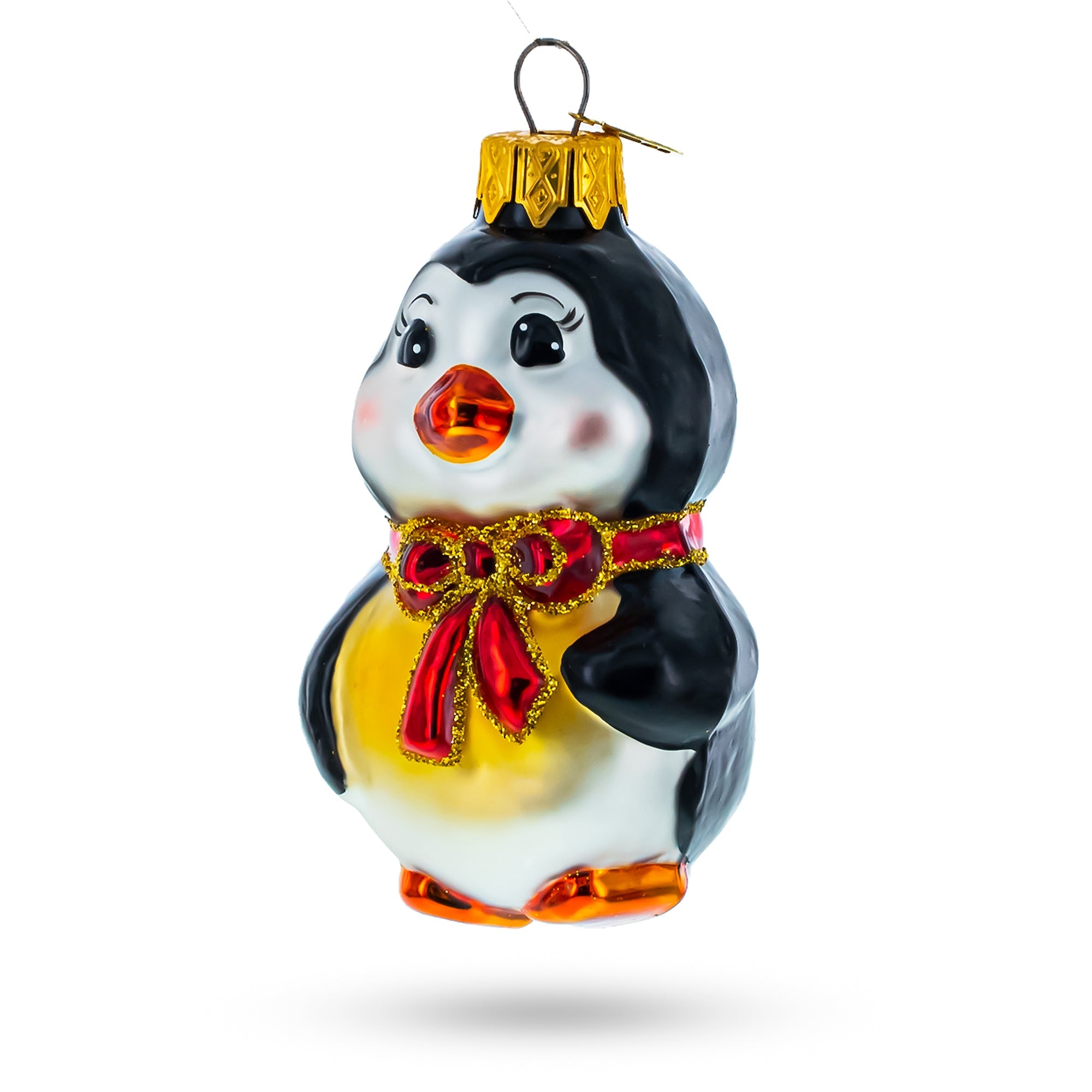 Penguin With Red Bow Glass Christmas Ornament