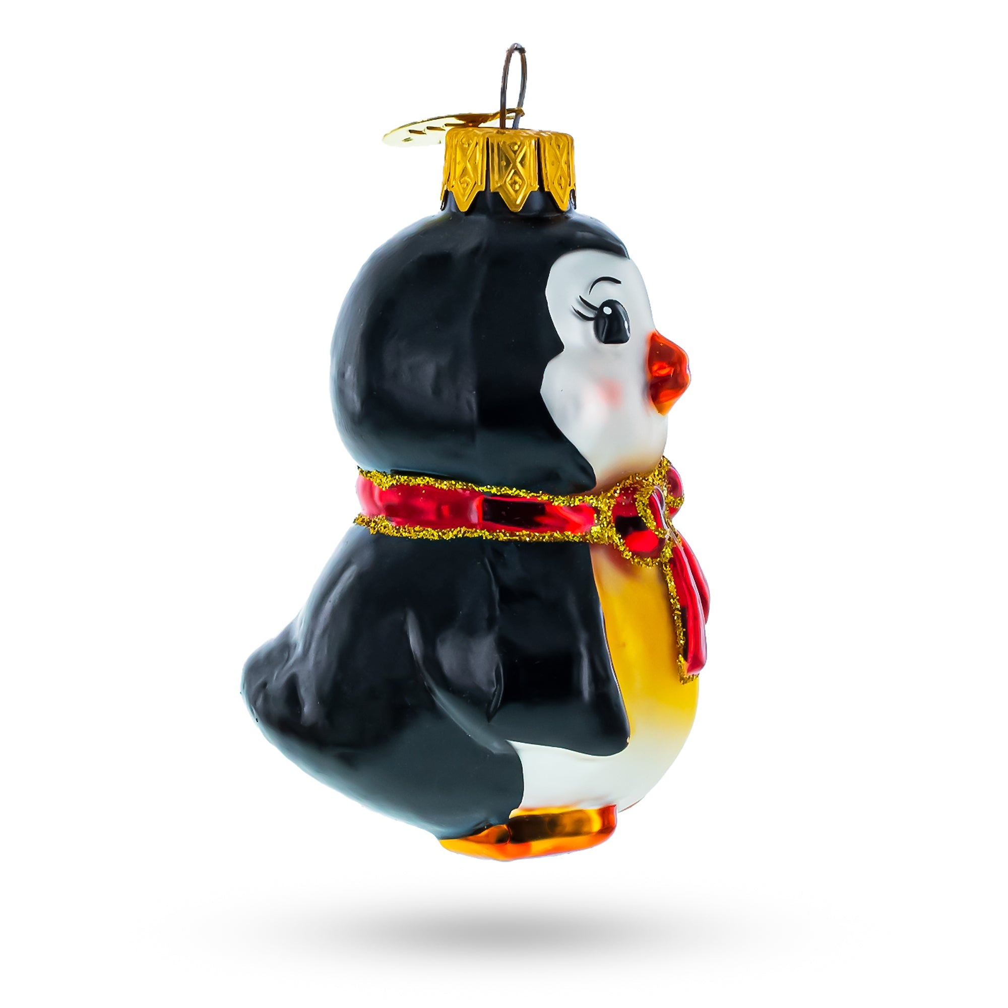 Penguin With Red Bow Glass Christmas Ornament