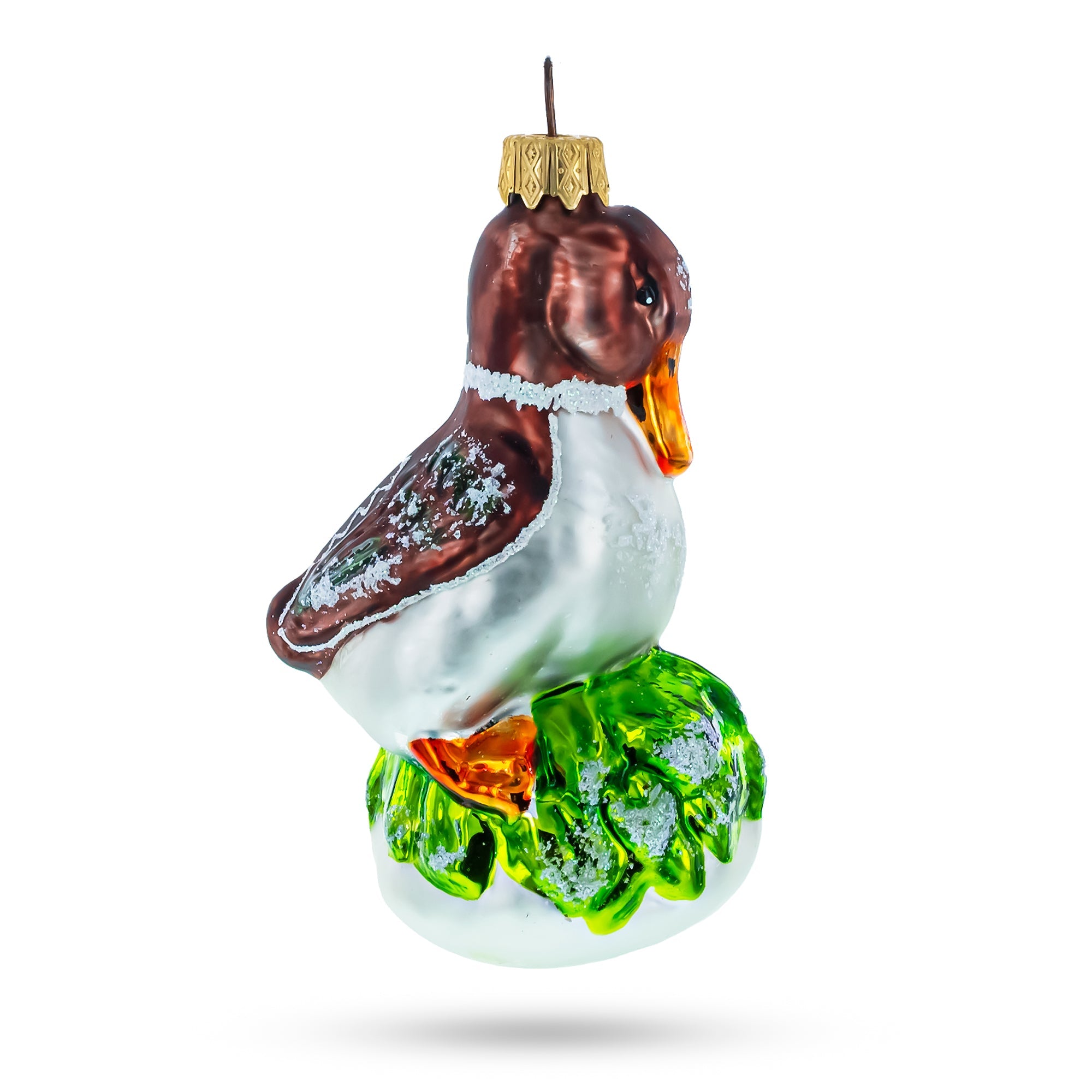 Duck On Grass Glass Christmas Ornament