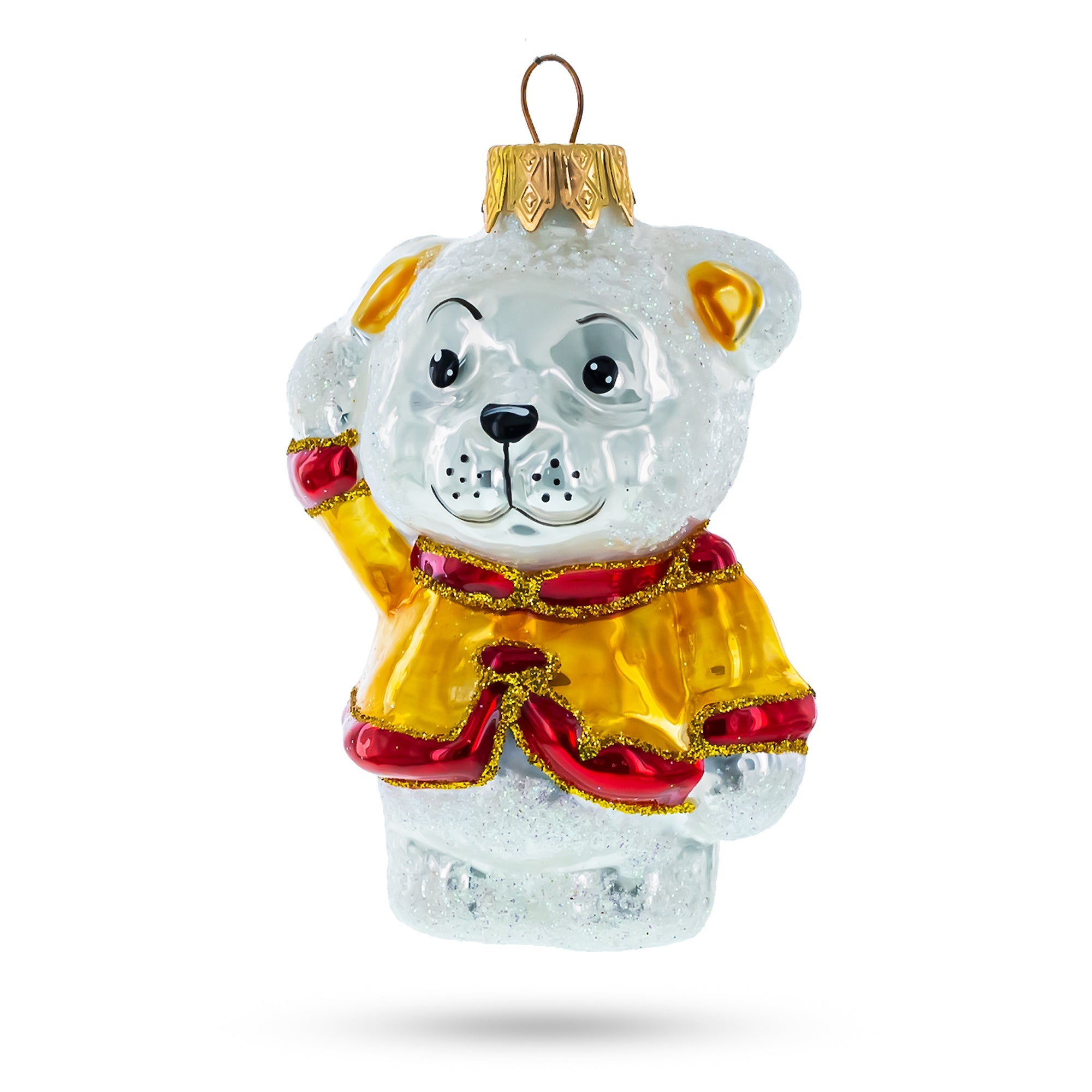 Bear Cub Waving Glass Christmas Ornament