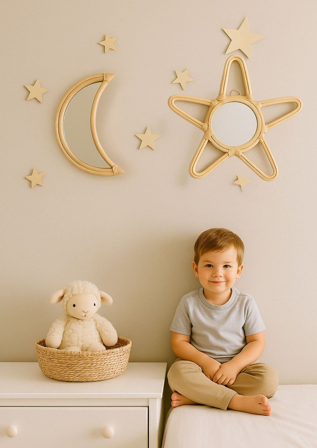 Rattan Star Wall Mirror – Boho & Space Kids Room Decor - Celestial Theme - Universe Theme Kids Room