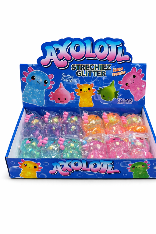 12 Pc Glitter Axolotl Squishy Toys Display – Kids Party Favors & Prizes