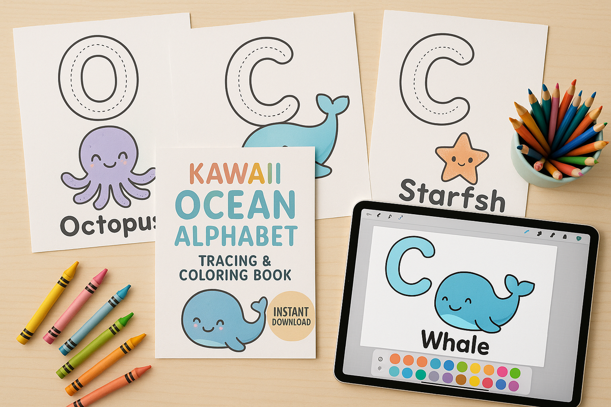 Kawaii Ocean Alphabet Tracing & Coloring Book | Digital Download Pdf