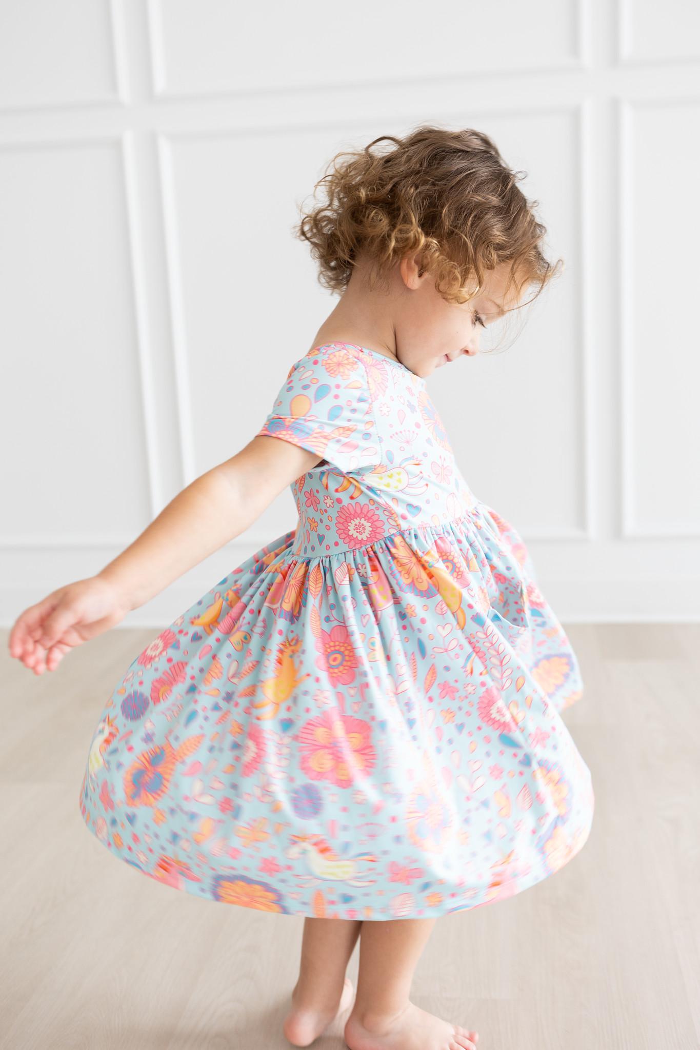 Blue Retro Unicorns S/s Pocket Twirl Dress