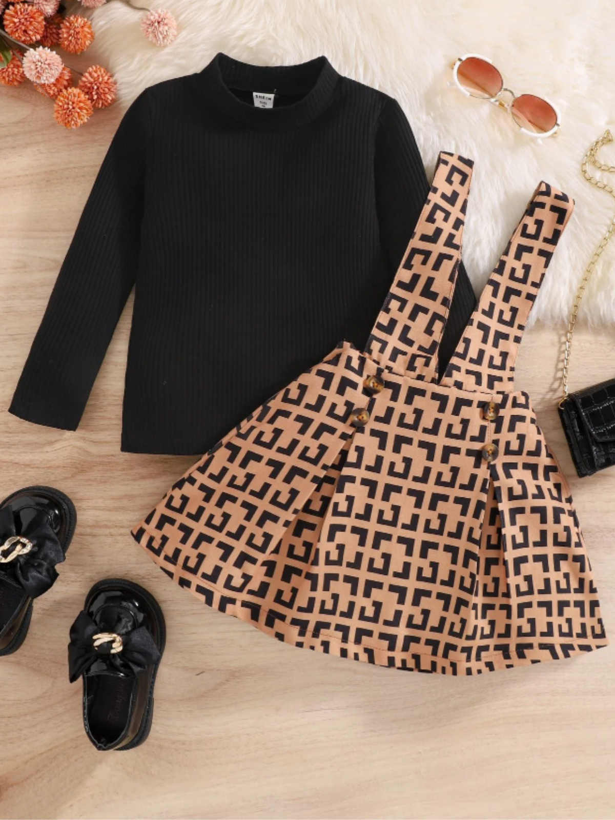 Elegant Girls Dress Set With Patterned Skirt And Long-sleeve Top