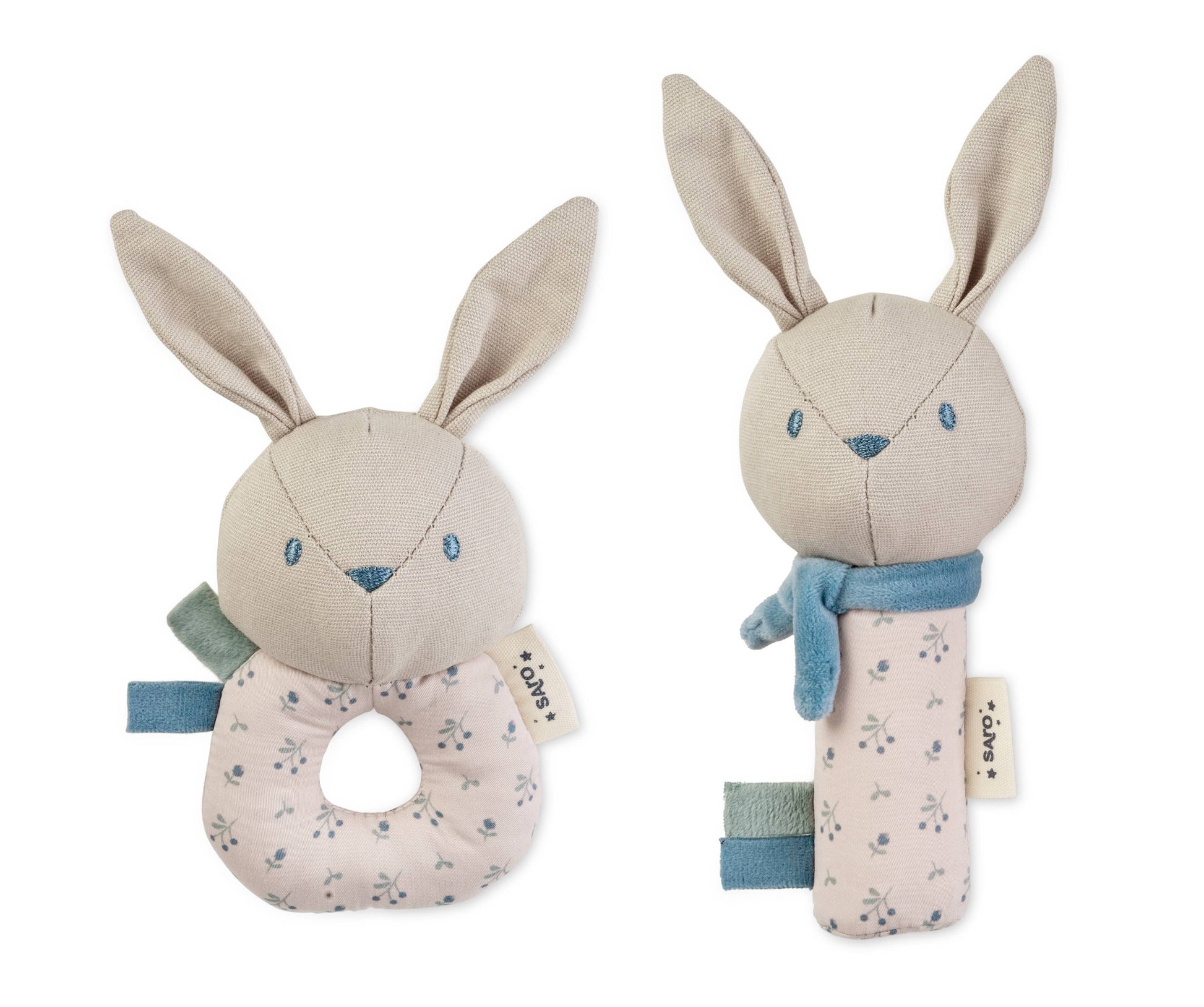 “Cotton Bunnies” Rattle Ring + Squeaker Set - Dusty Blue