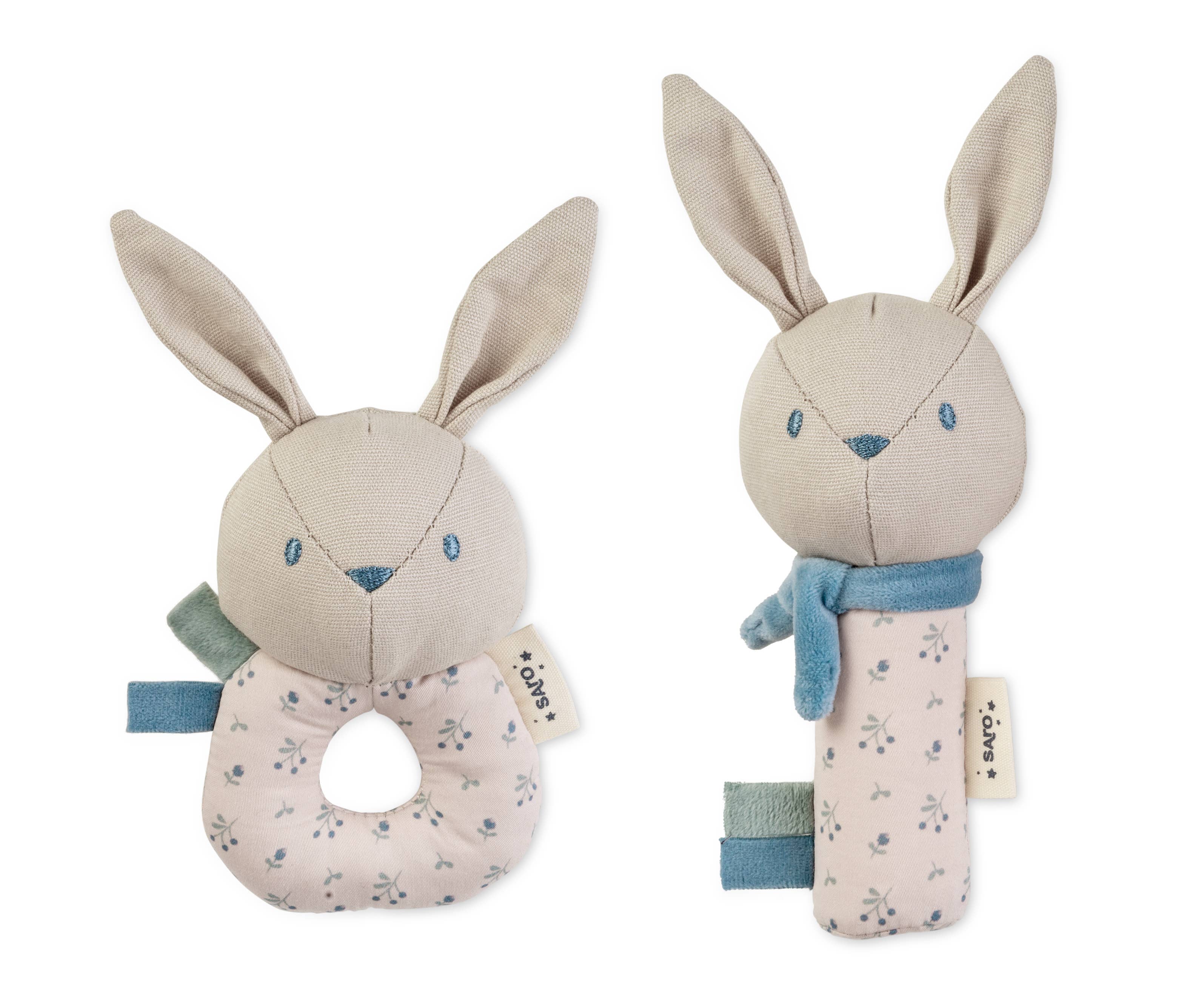 “Cotton Bunnies” Rattle Ring + Squeaker Set - Dusty Blue