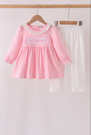 Pink Big Sister Embroidery Ruffle Pants Set