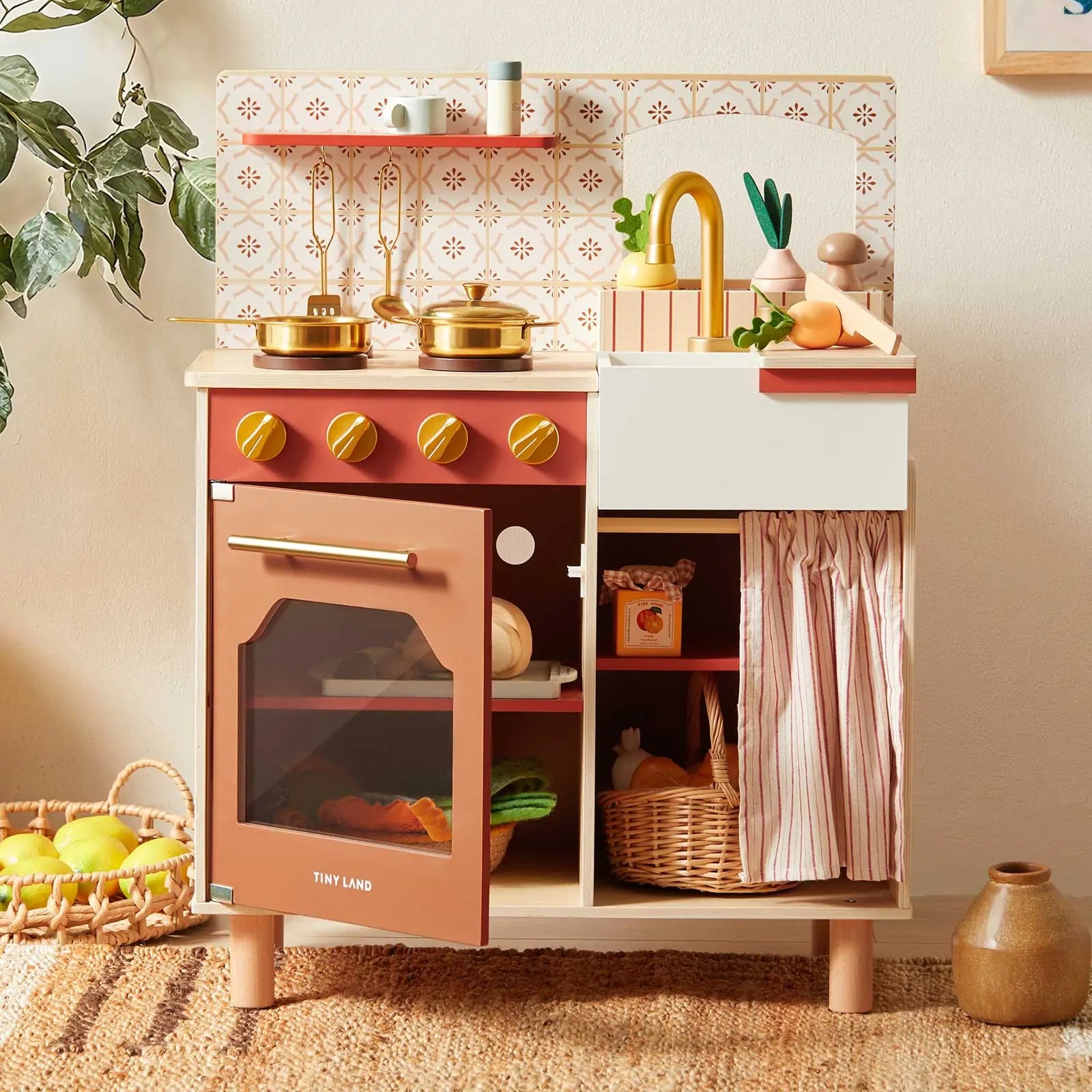 ® Wooden Play Kitchen For Toddlers - Honey Kitchenette Pretend Cooking Set