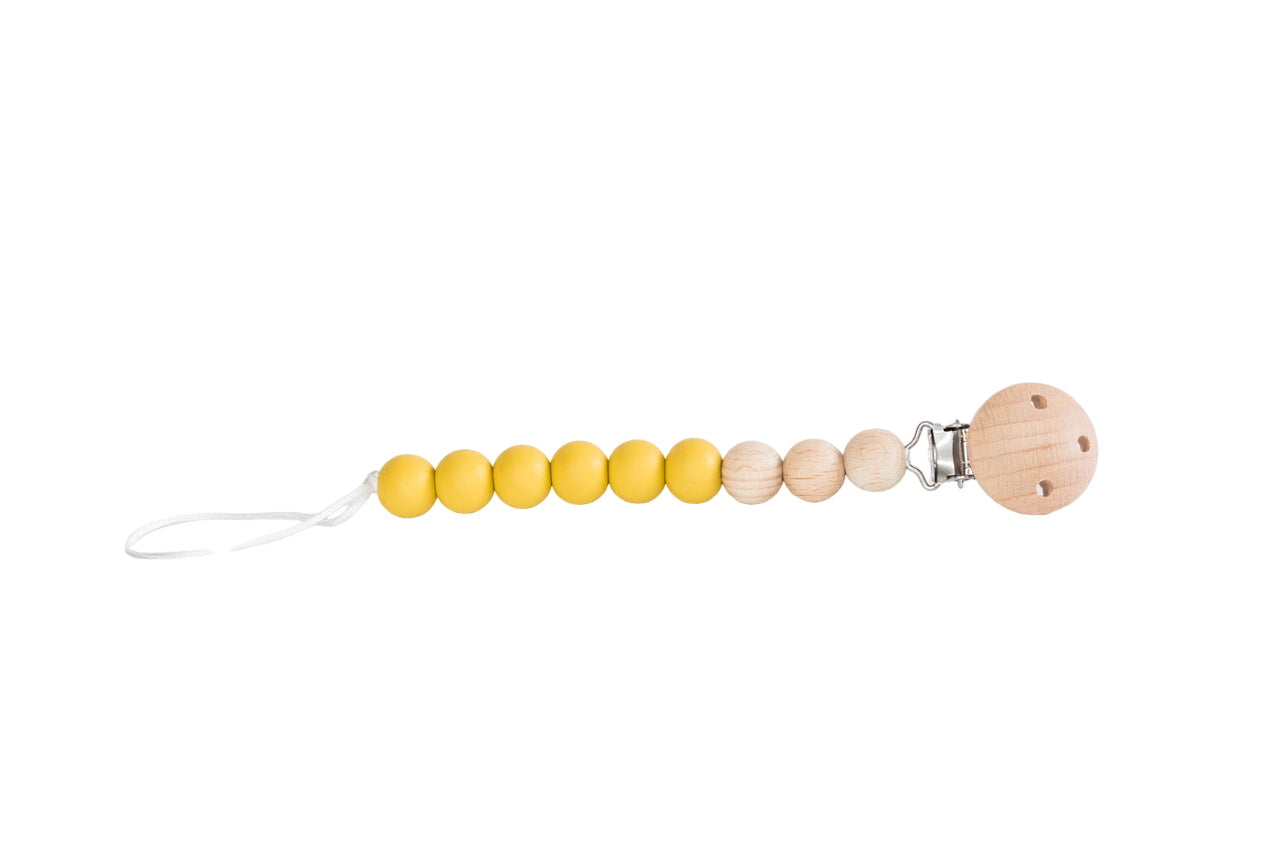 Mustard Beaded Wooden & Silicone Pacifier Clip