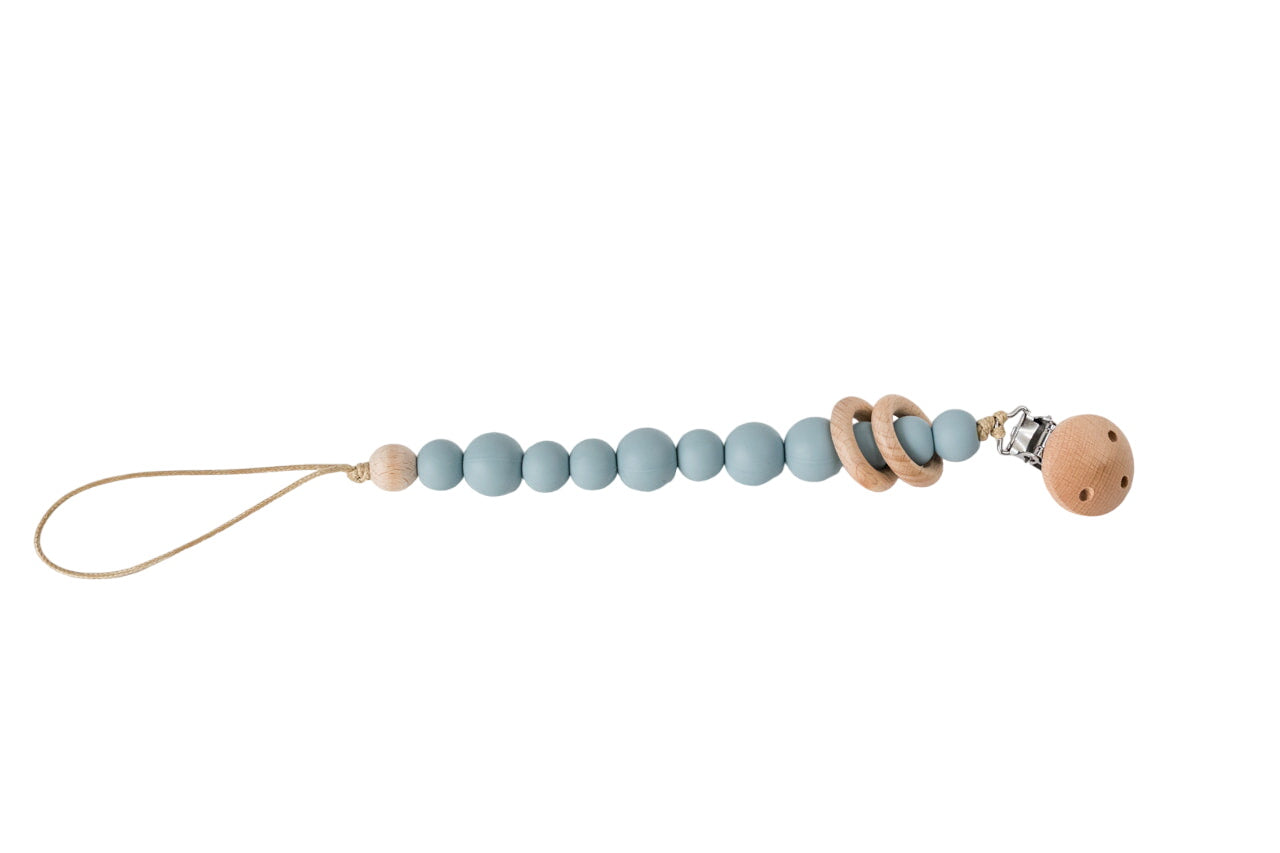 Duck Egg Blue Silicone Bead & Wood Ring Pacifier Clip