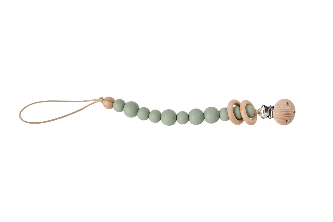 Sage Silicone Bead & Wood Ring Pacifier Clip