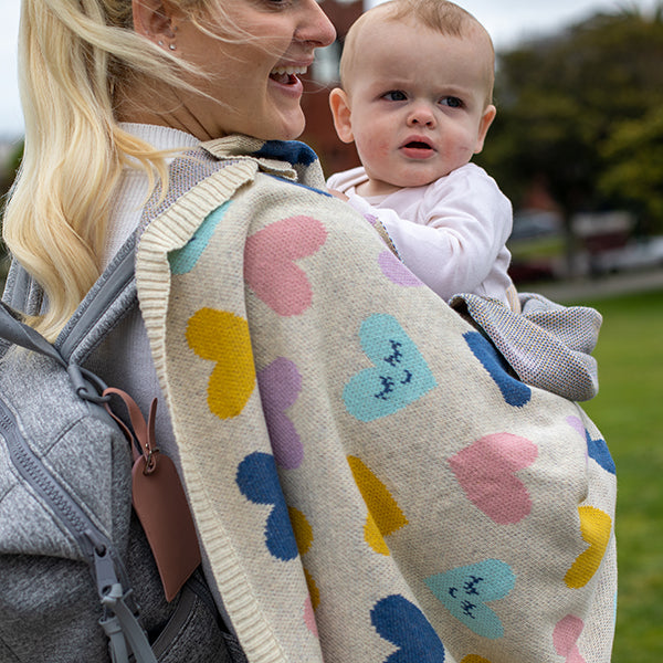 Smiley Hearts Organic Cotton Baby Blanket And Burp Cloth Set