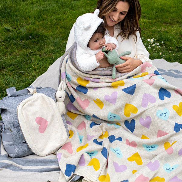Smiley Hearts Organic Cotton Baby Blanket And Burp Cloth Set