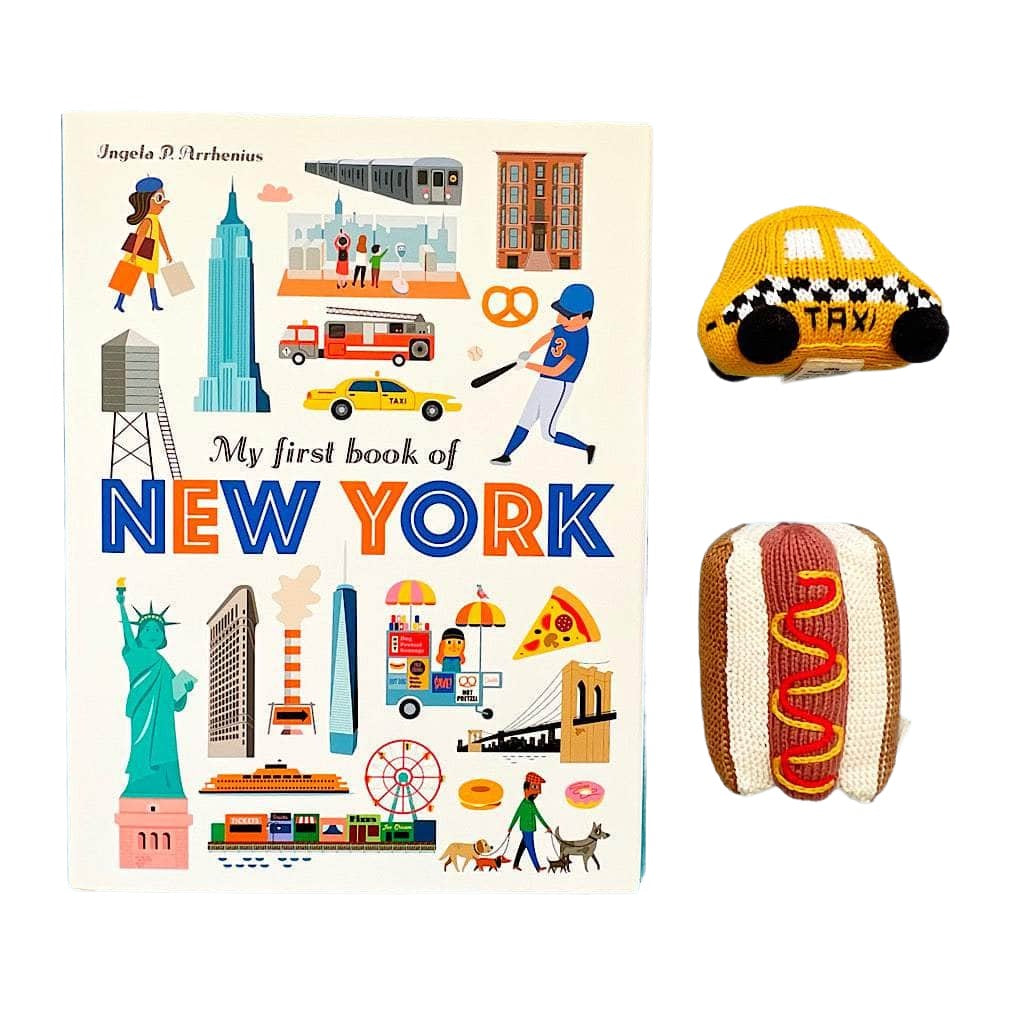 New York Baby Gift Set - "my First Book Of New York", Organic Newborn Rattle Toys | Taxi And Hot Dog