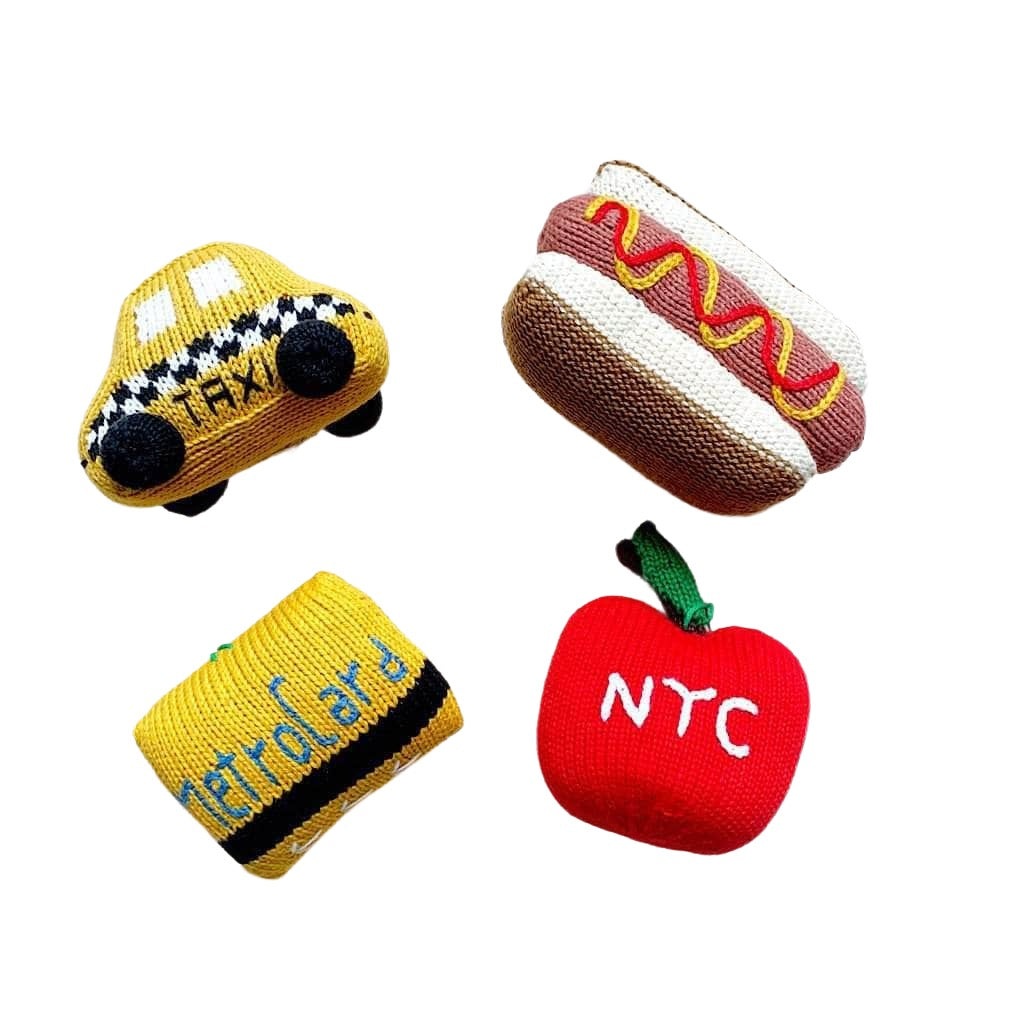 New York City Baby Gift Set - Organic Newborn Toy Rattles | Taxi, Metro Card, Hot Dog & Apple