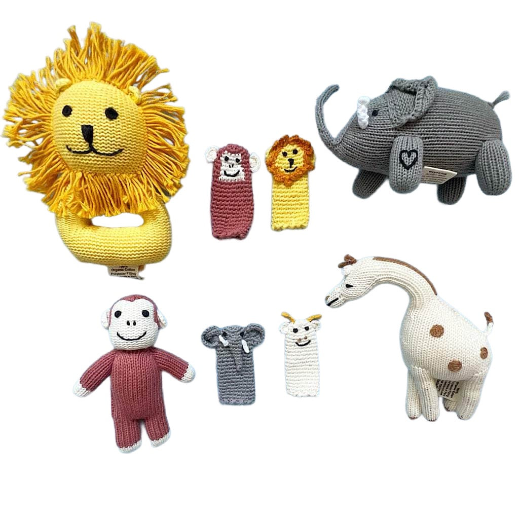 Organic Baby Animal Rattles And Finger Puppet Set