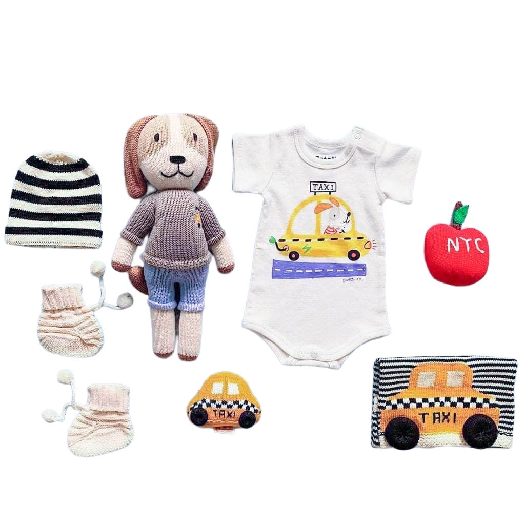 Organic Baby Gift Set - New York Taxi Onesie, Nyc Rattle Toys, Knit Doll And Blanket, Baby Hat | Apple, Taxi And Dog