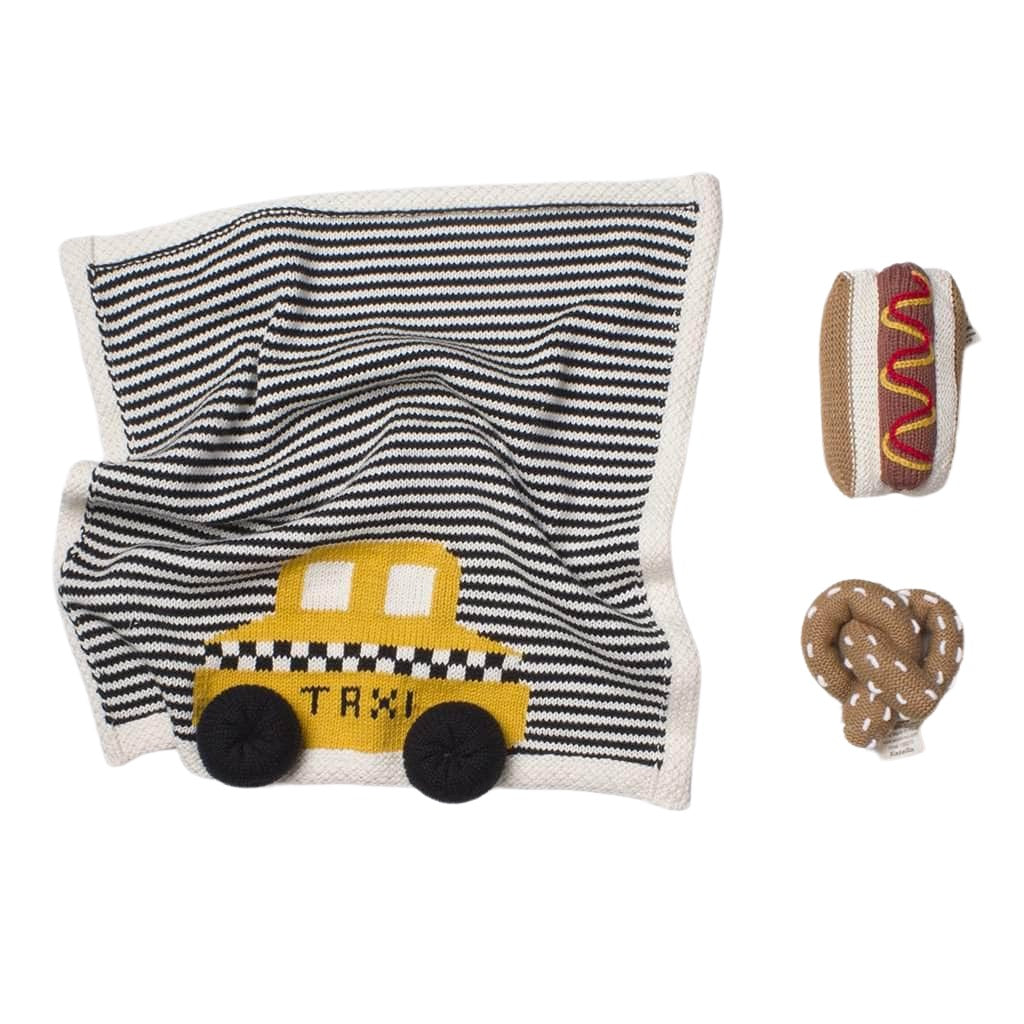 Organic Baby Gift Set - Newborn Security Blanket, Rattle Toys | Nyc Taxi, Hot Dog & Pretzel