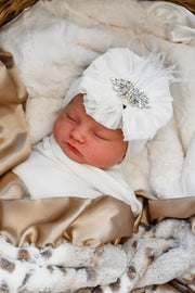 Fancy Feather & Rhinestone Ruffled Baby Headband