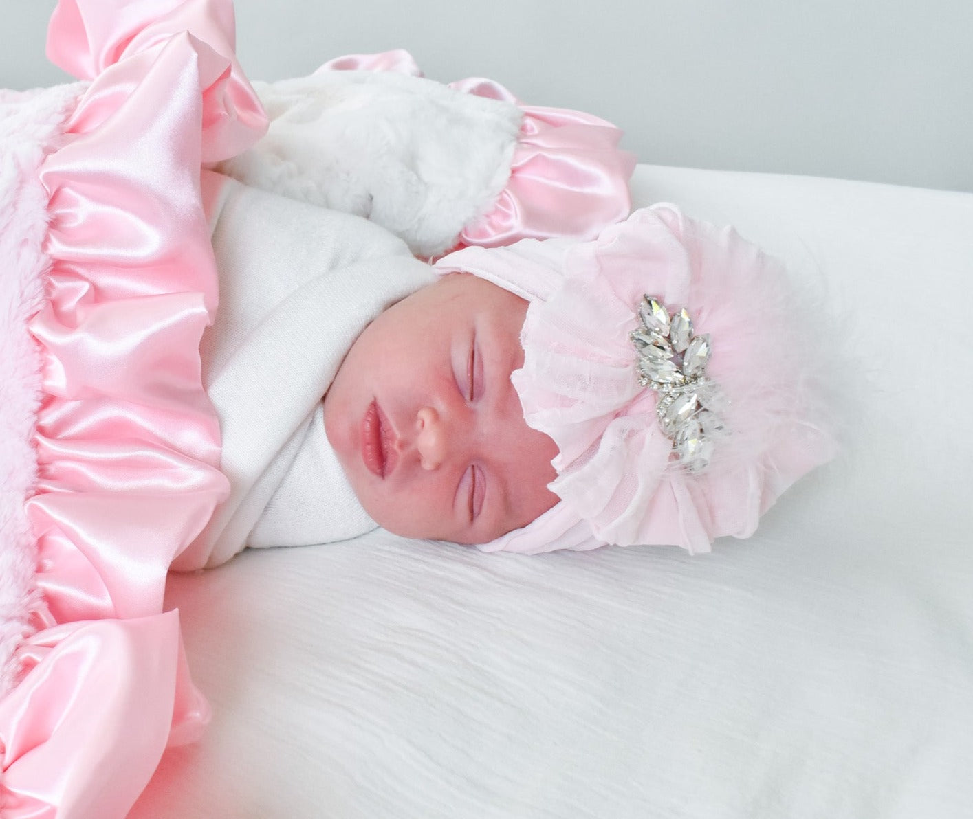 Fancy Feather & Rhinestone Ruffled Baby Headband
