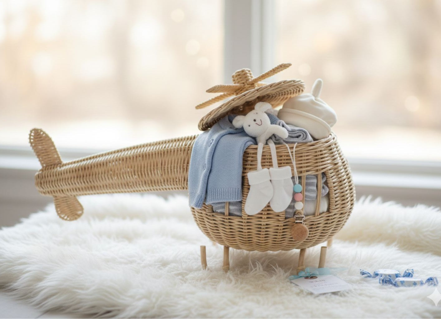 Rattan Toy Helicopter – Handcrafted Boho Pretend Play Toy For Kids | Montessori Airplane Nursery Decor
