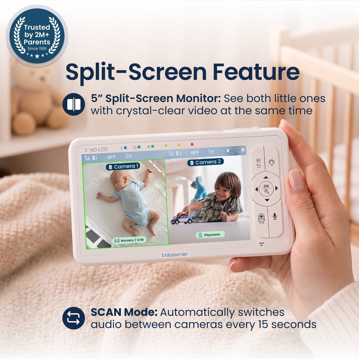 Babysense Hd S2: Video Baby Monitor With 2 Cameras, Non Wifi, Split Screen & Night Light Machine