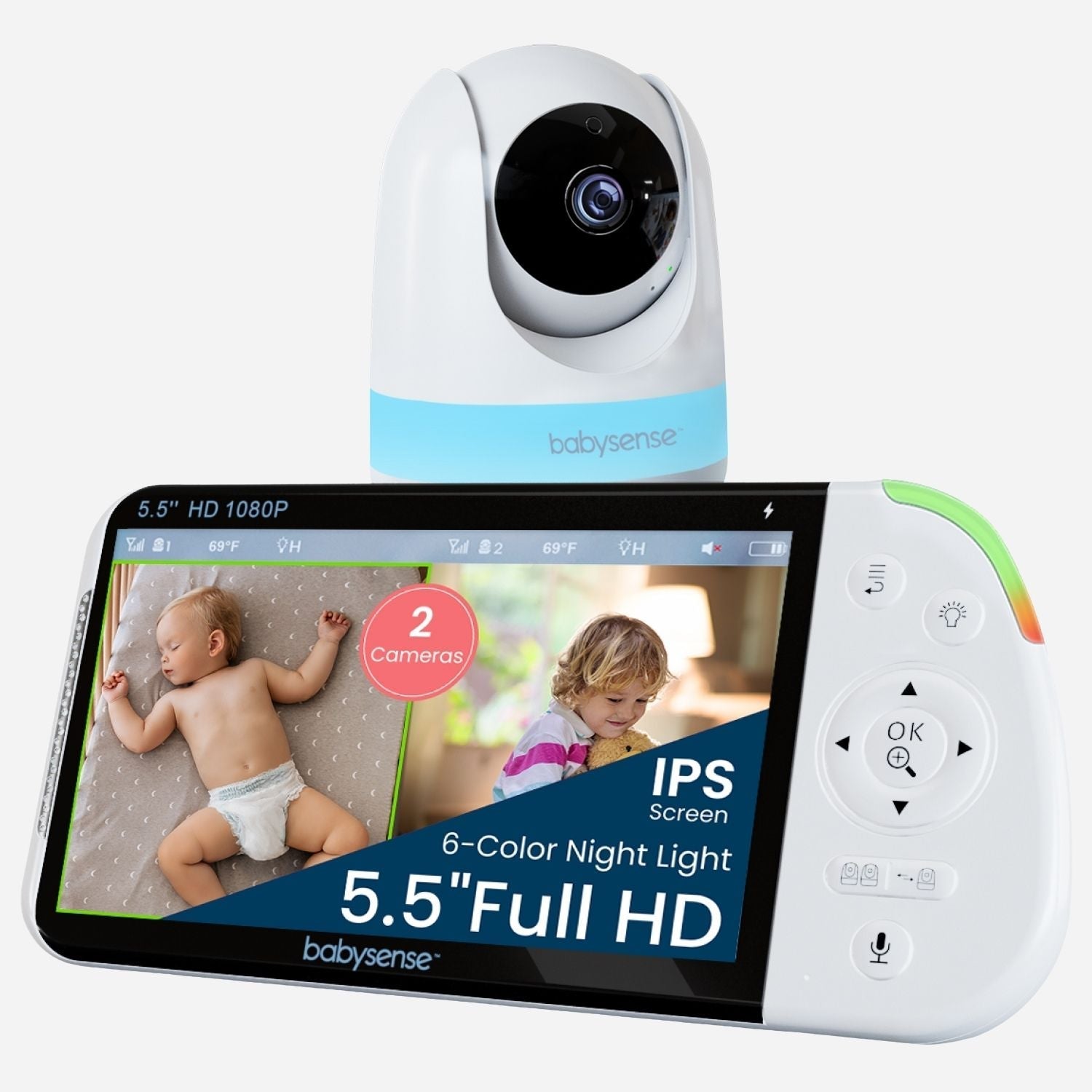 Babysense Max View: Video Baby Monitor With 1 Or 2 Cameras, Non Wifi, Split Screen, Night Light & Sound Machine