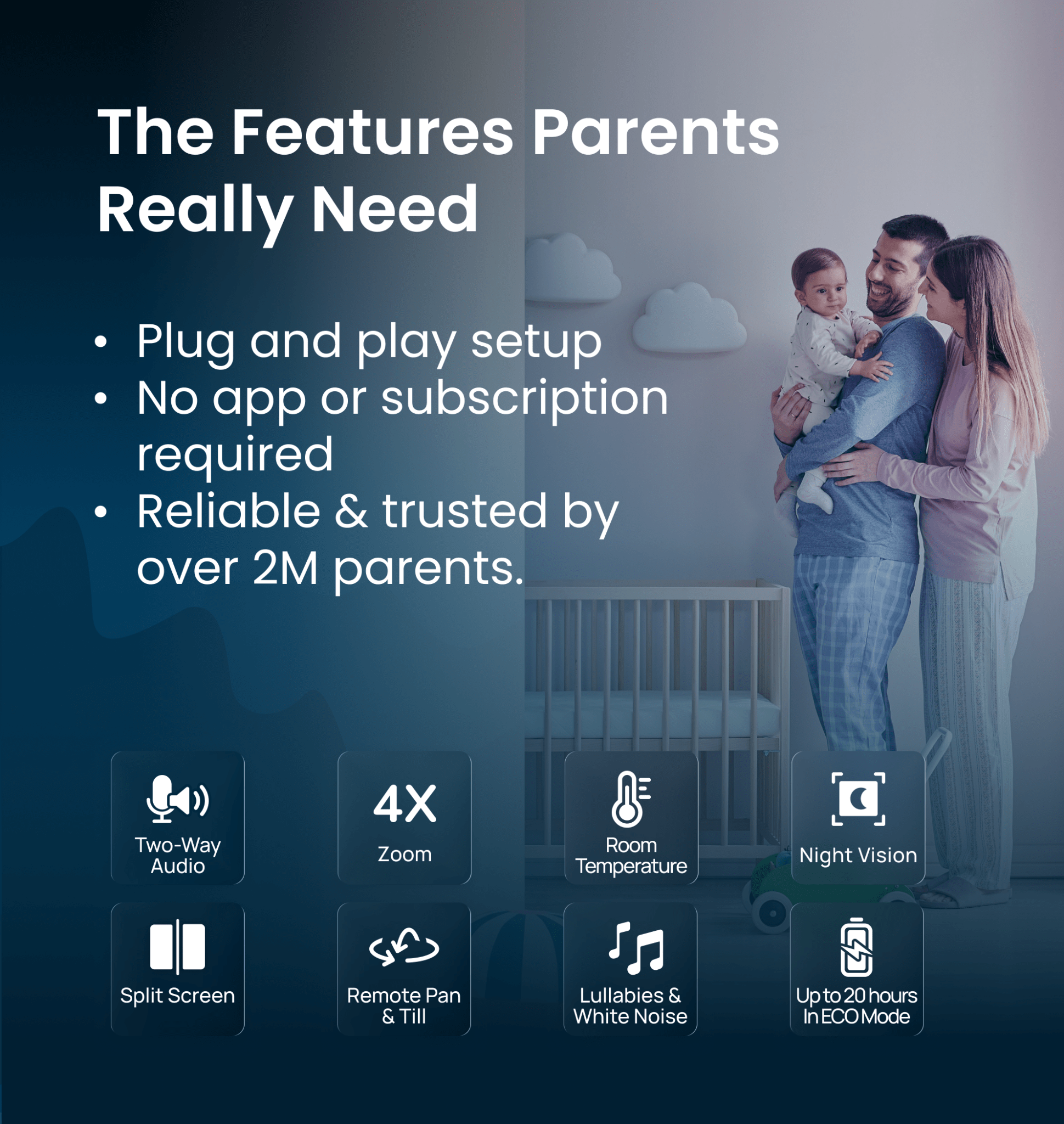 Babysense Max View: Video Baby Monitor With 1 Or 2 Cameras, Non Wifi, Split Screen, Night Light & Sound Machine