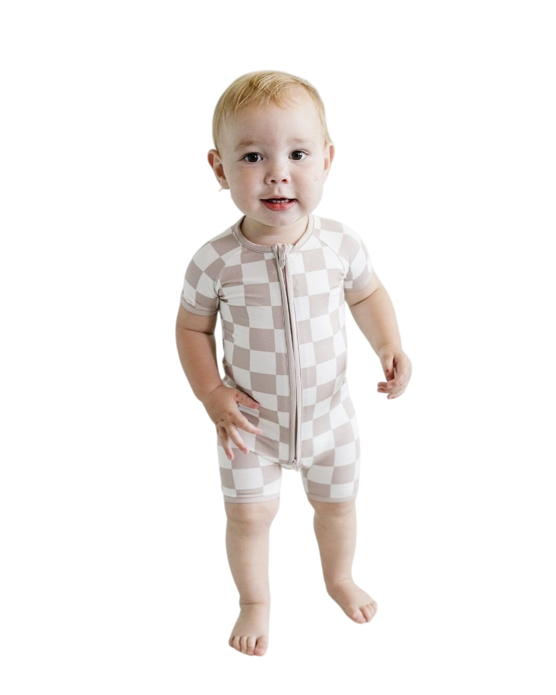 Bamboo Shorty Romper | Latte Checkered