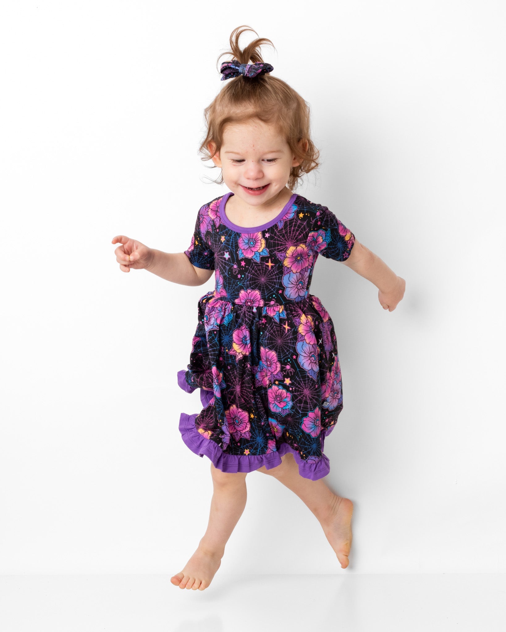 Halloween | Violet Webs | Toddler & Girls Bamboo Ruffle Twirl Dress