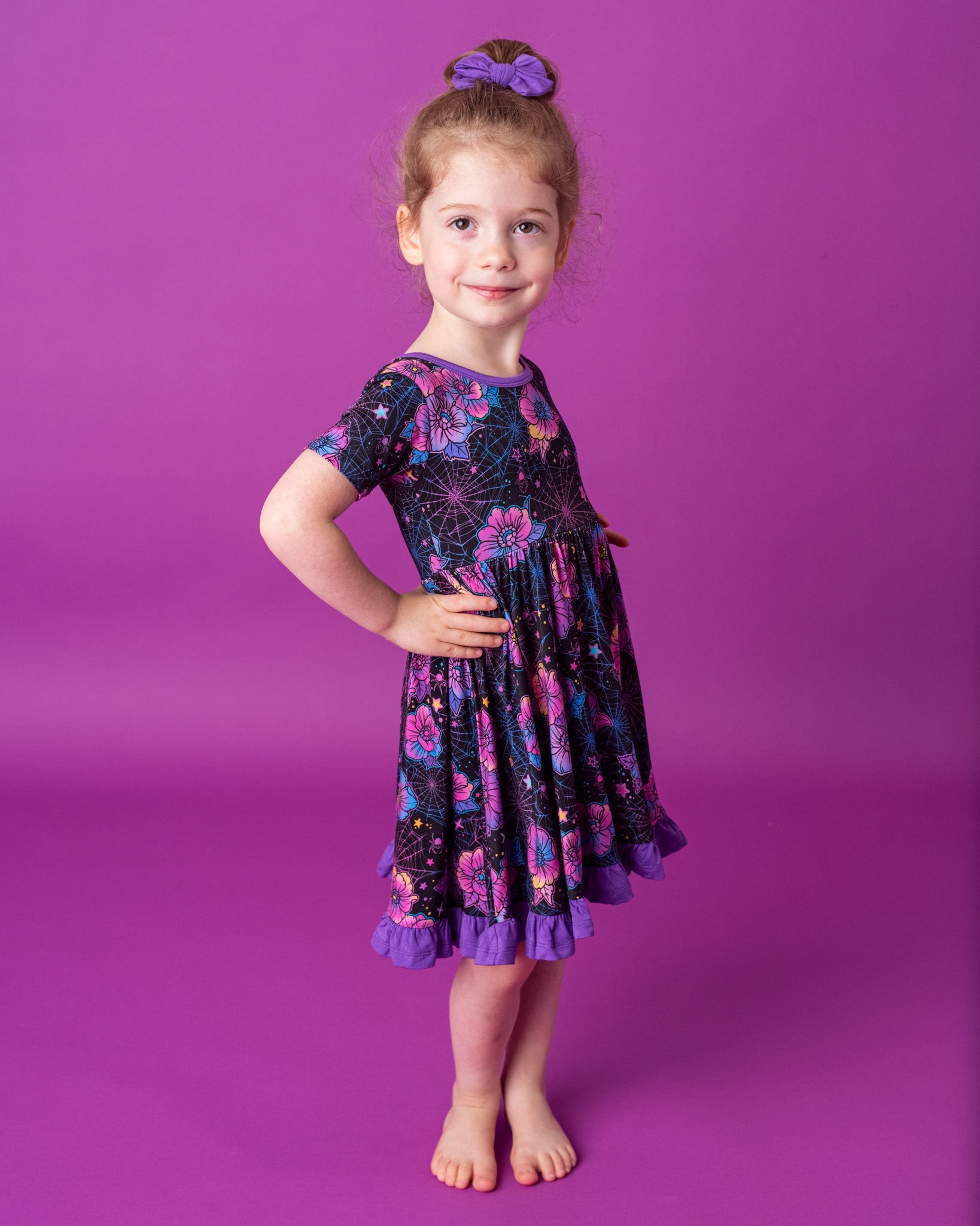 Halloween | Violet Webs | Toddler & Girls Bamboo Ruffle Twirl Dress