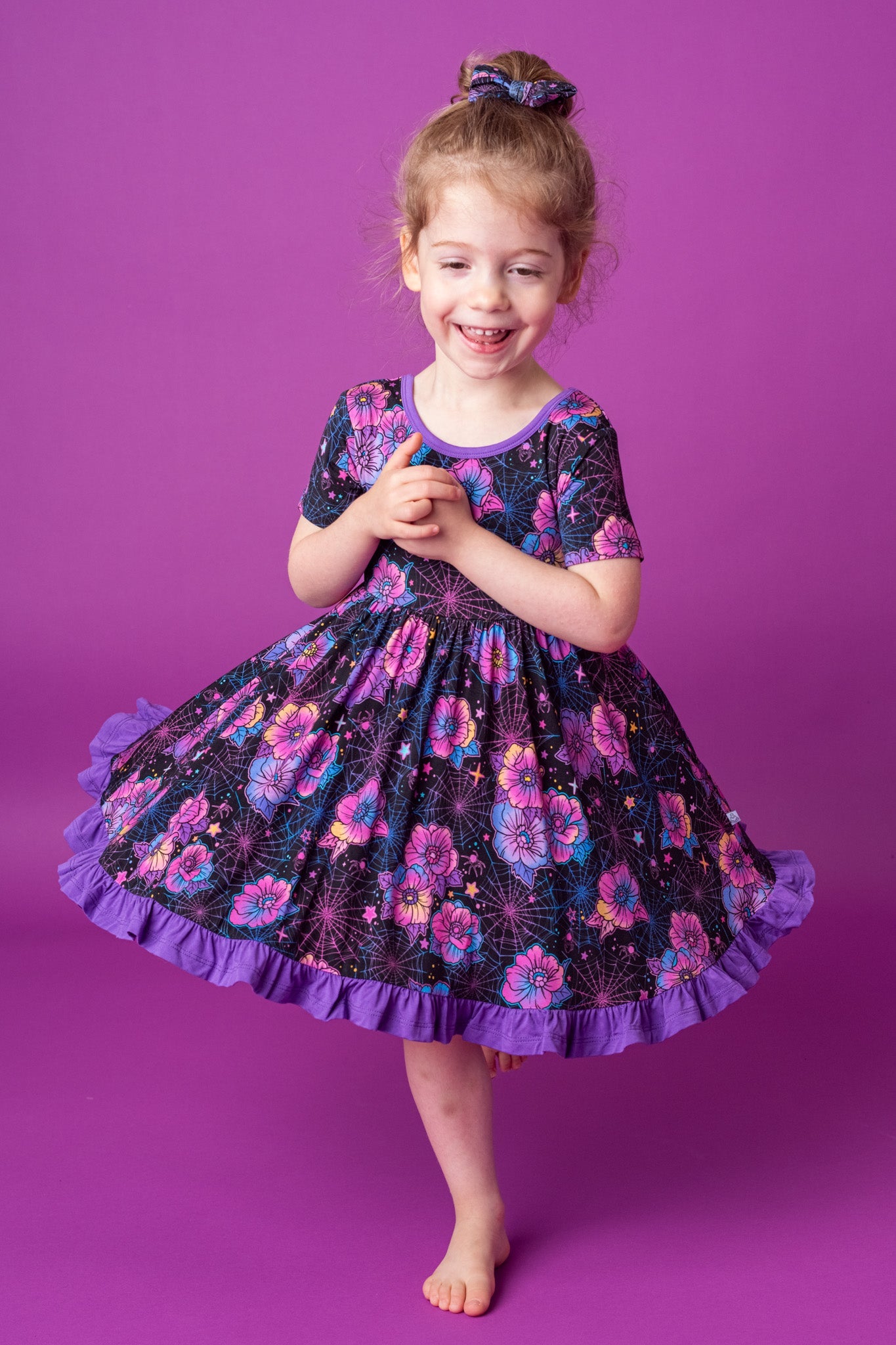 Halloween | Violet Webs | Toddler & Girls Bamboo Ruffle Twirl Dress