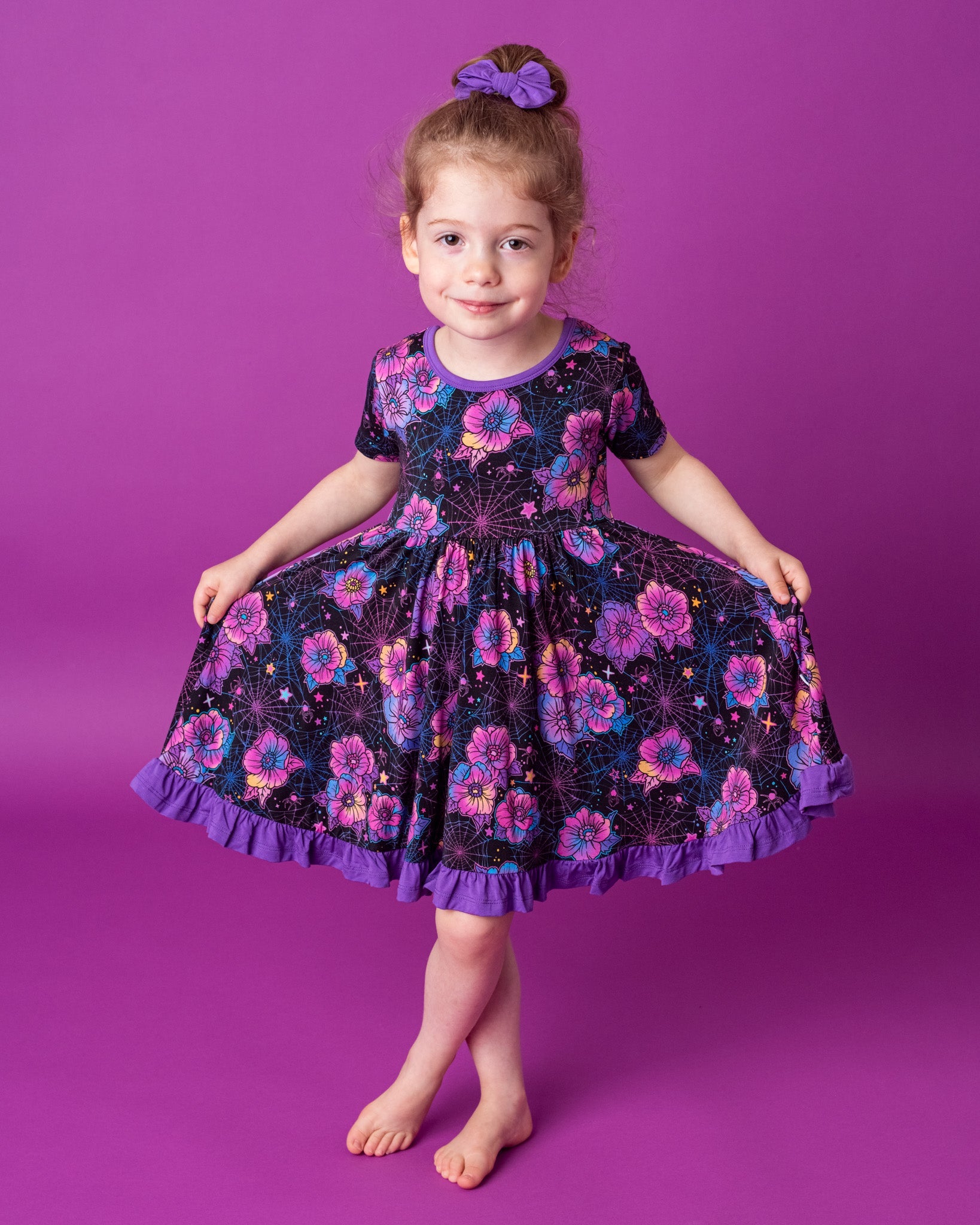 Halloween | Violet Webs | Toddler & Girls Bamboo Ruffle Twirl Dress