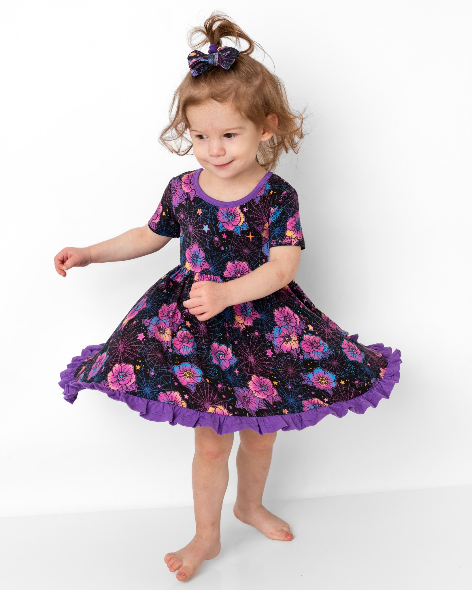 Halloween | Violet Webs | Toddler & Girls Bamboo Ruffle Twirl Dress