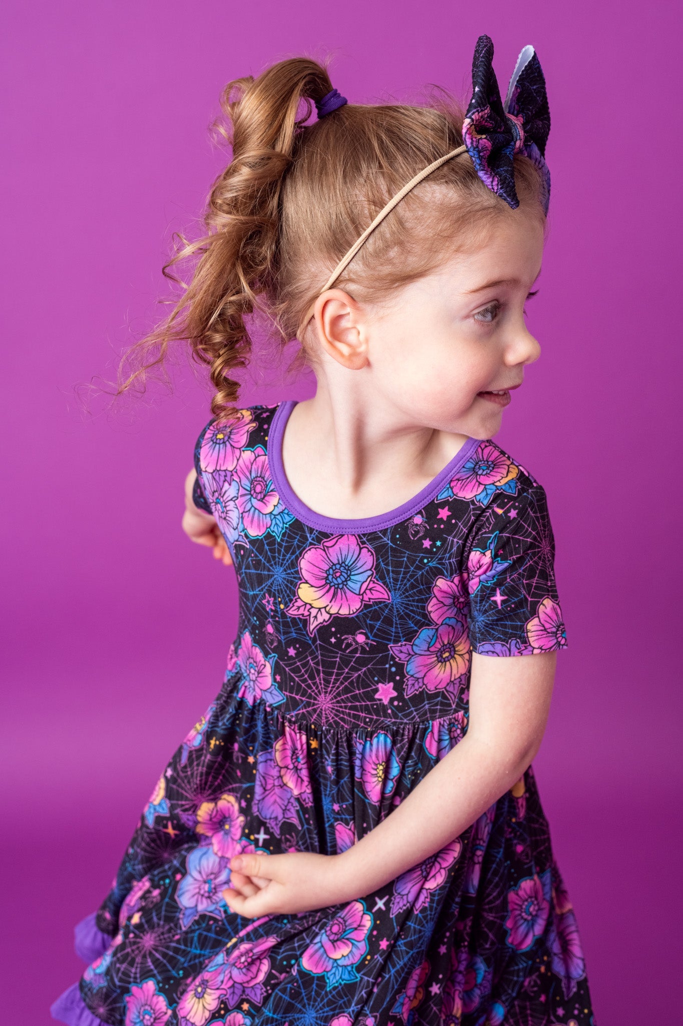 Halloween | Violet Webs | Toddler & Girls Bamboo Ruffle Twirl Dress