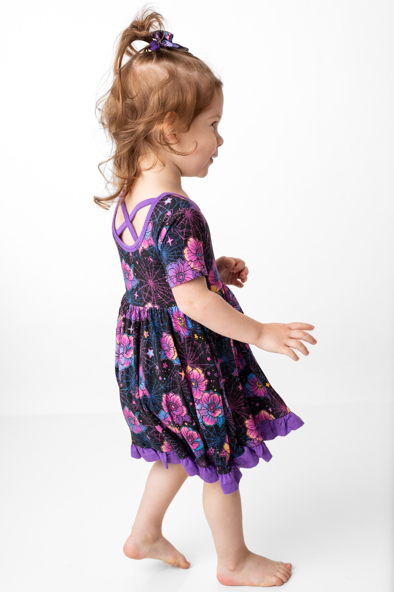 Halloween | Violet Webs | Toddler & Girls Bamboo Ruffle Twirl Dress