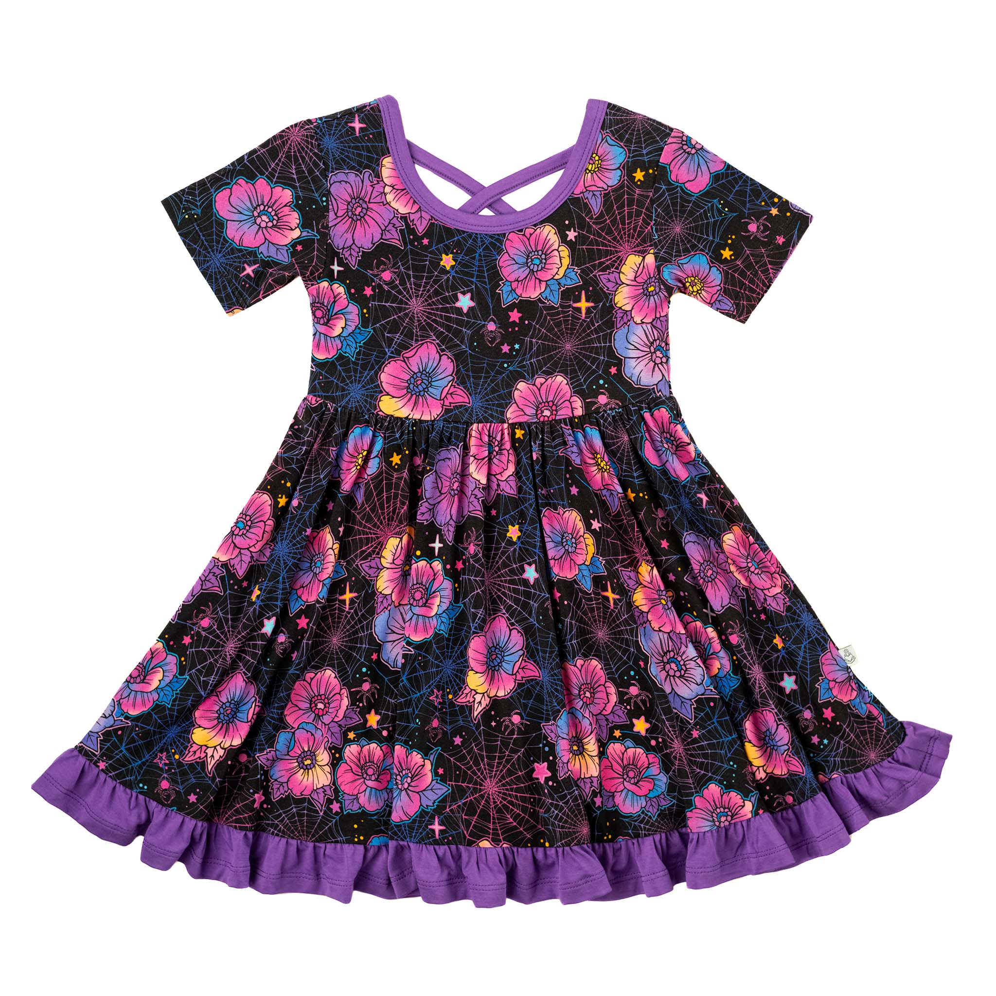 Halloween | Violet Webs | Toddler & Girls Bamboo Ruffle Twirl Dress