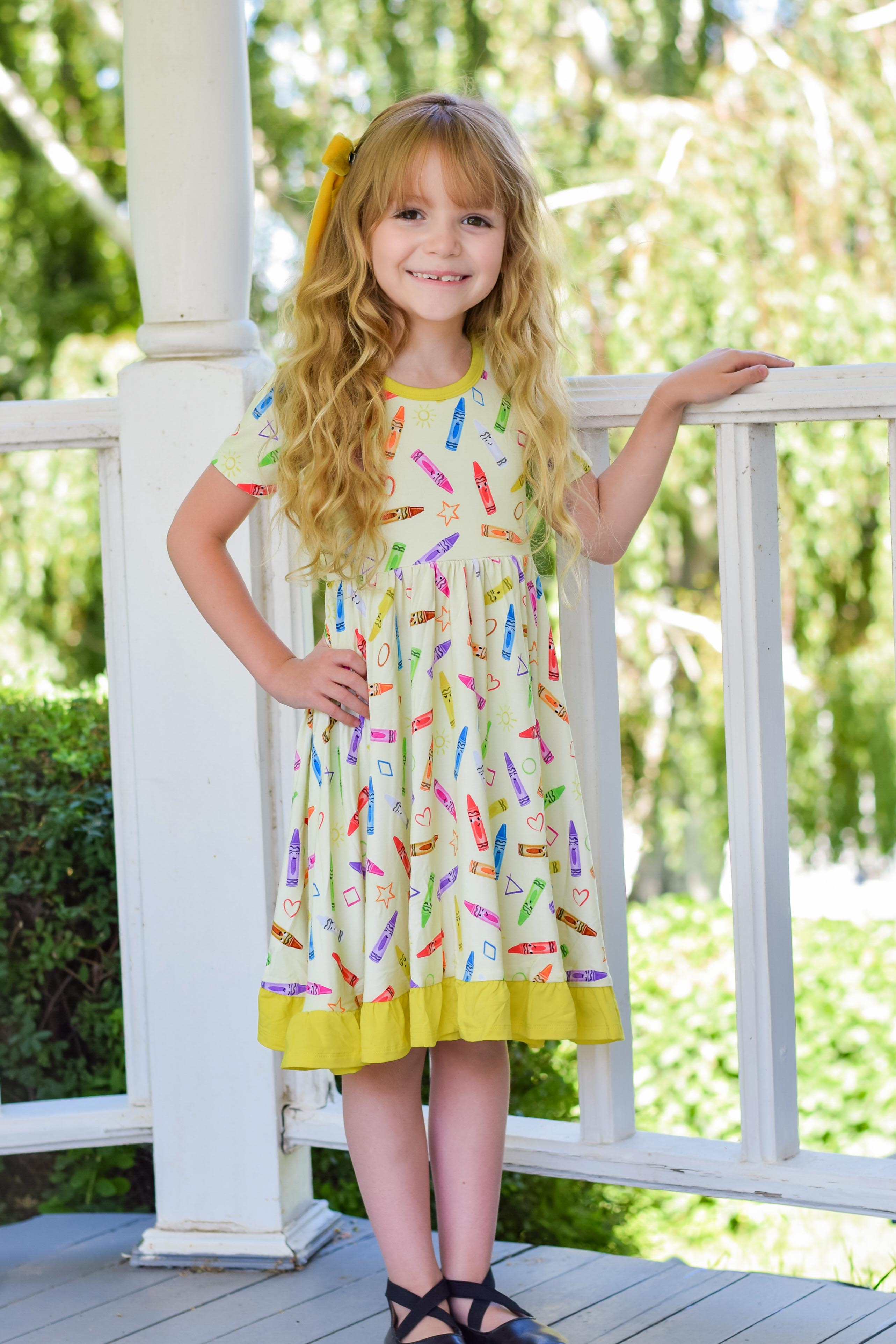 Little Popp Crew Toddler Dress | Crayon Print Ruffle Twirl Little Popp Crew Toddler Dress | Crayon Print Ruffle Twirl