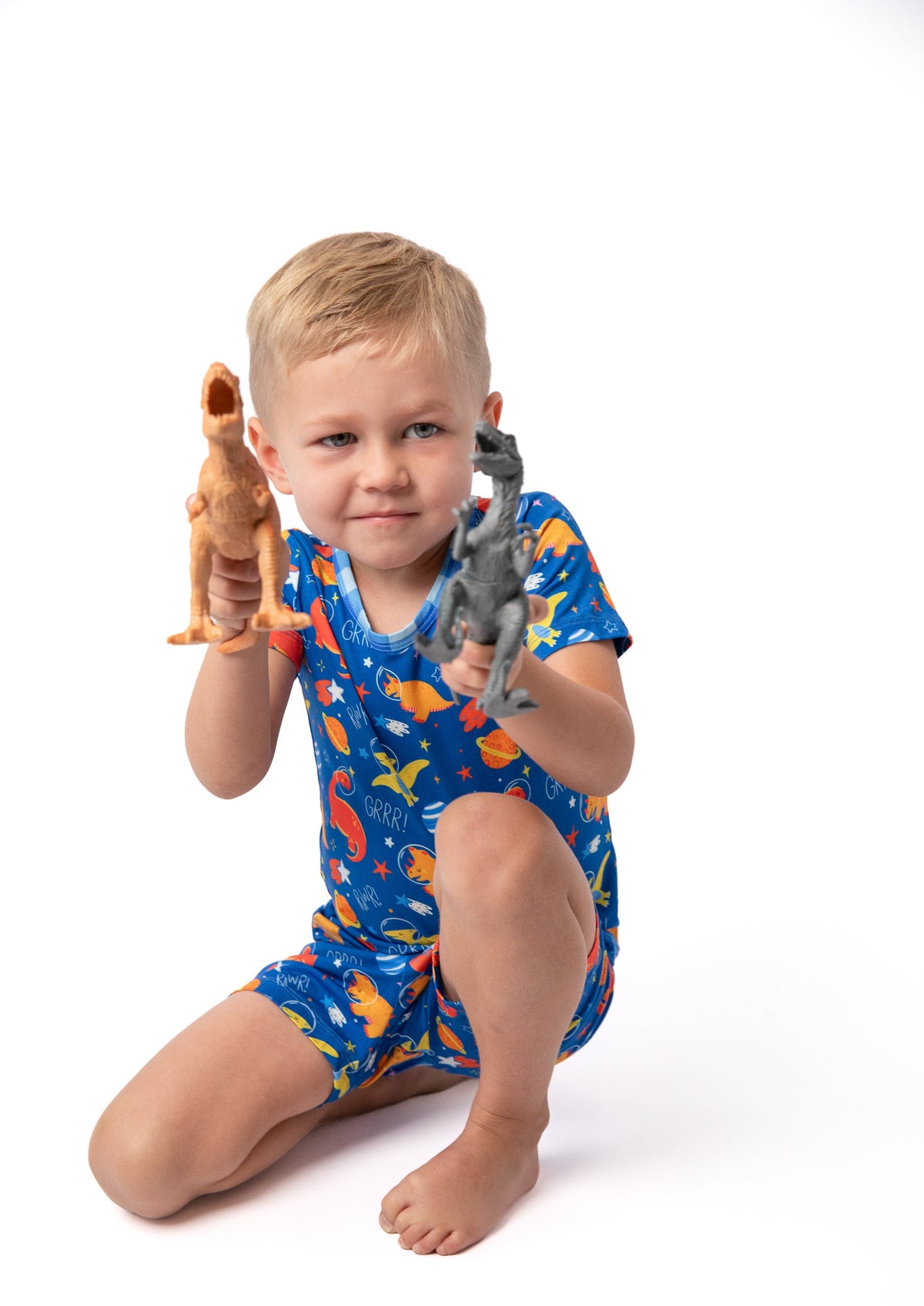 Electric Blue Space Dino Bamboo Short Pajama Set