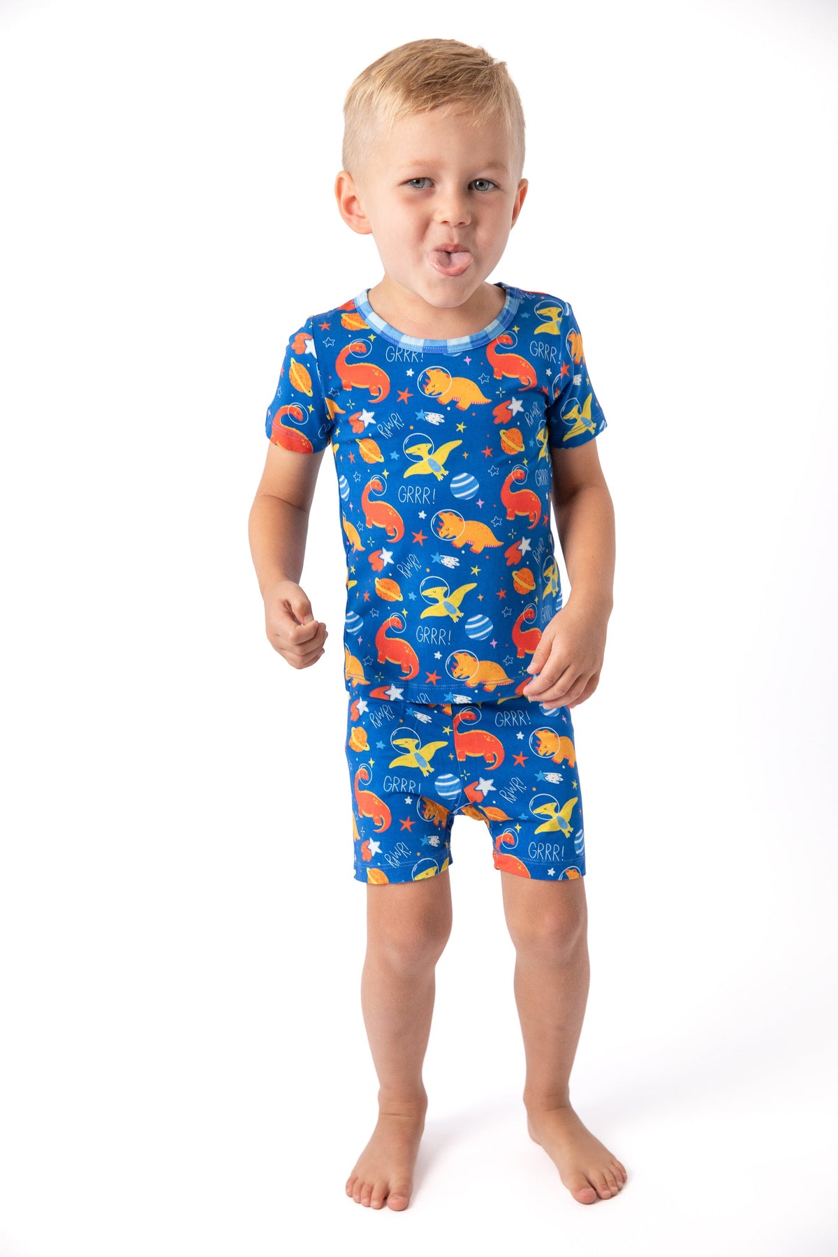 Electric Blue Space Dino Bamboo Short Pajama Set