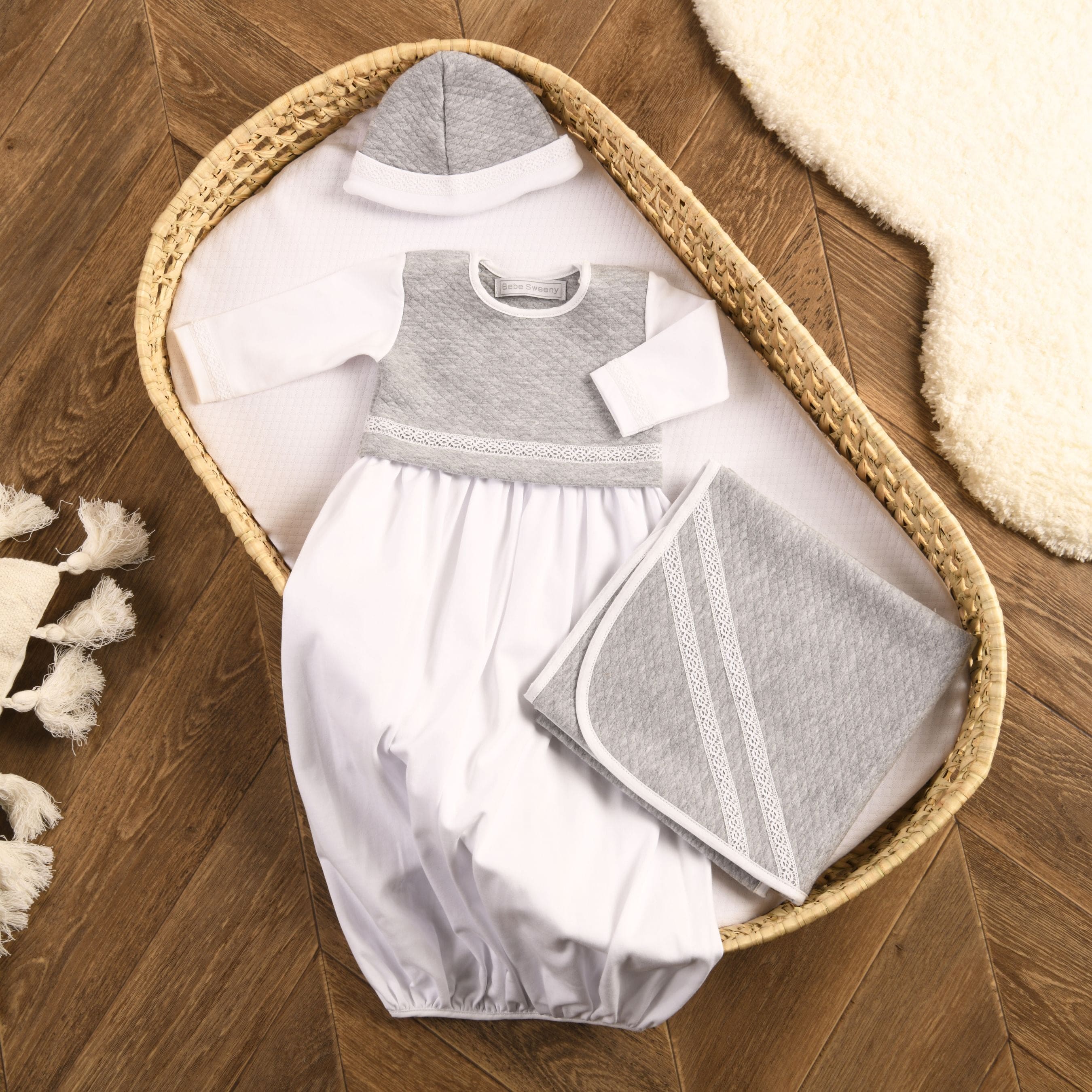 Baby White & Grey Cotton Gown Set (3)
